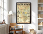 The image is a framed vintage map of the United States, specifically the Texas portion, with a focus on the Texas Pacific Railway.