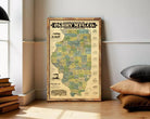 A framed map of Illinois, with various regions and labels, is displayed against a white wall.