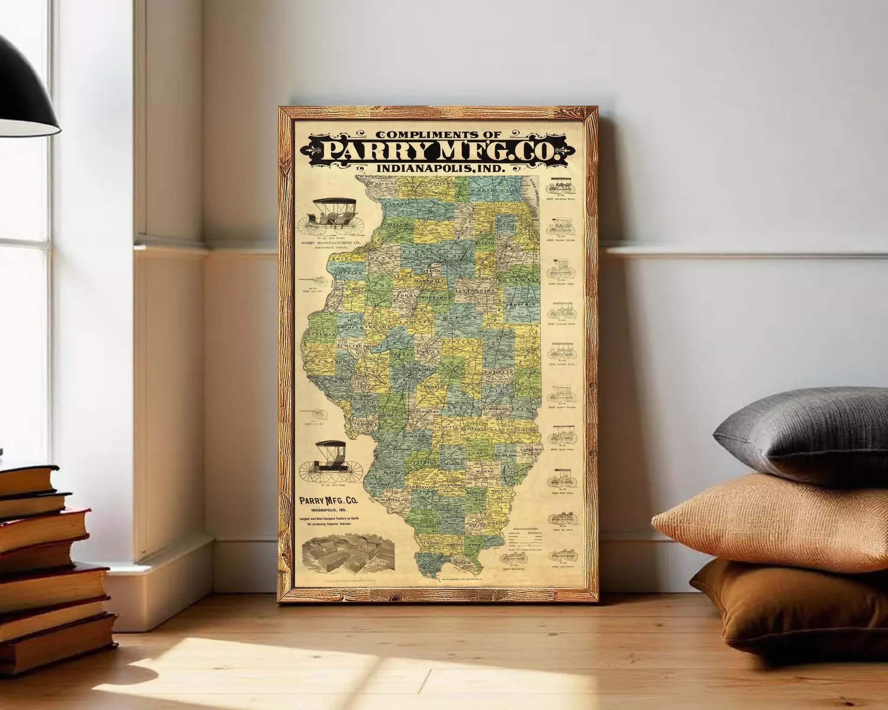 A framed map of Illinois, with various regions and labels, is displayed against a white wall.