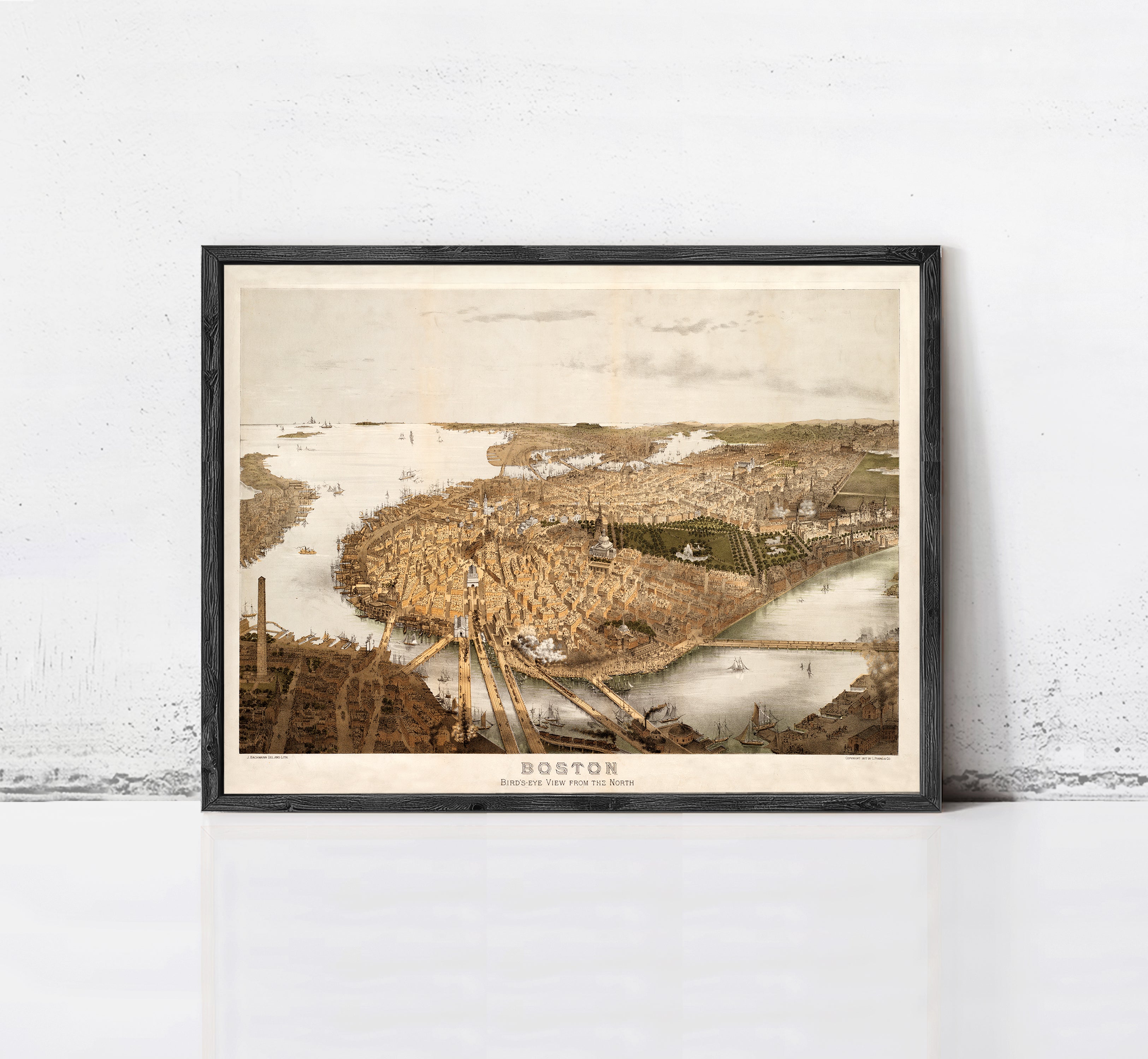 The image is a framed vintage map of Boston, depicting the cityscape with a river and surrounding landscape.