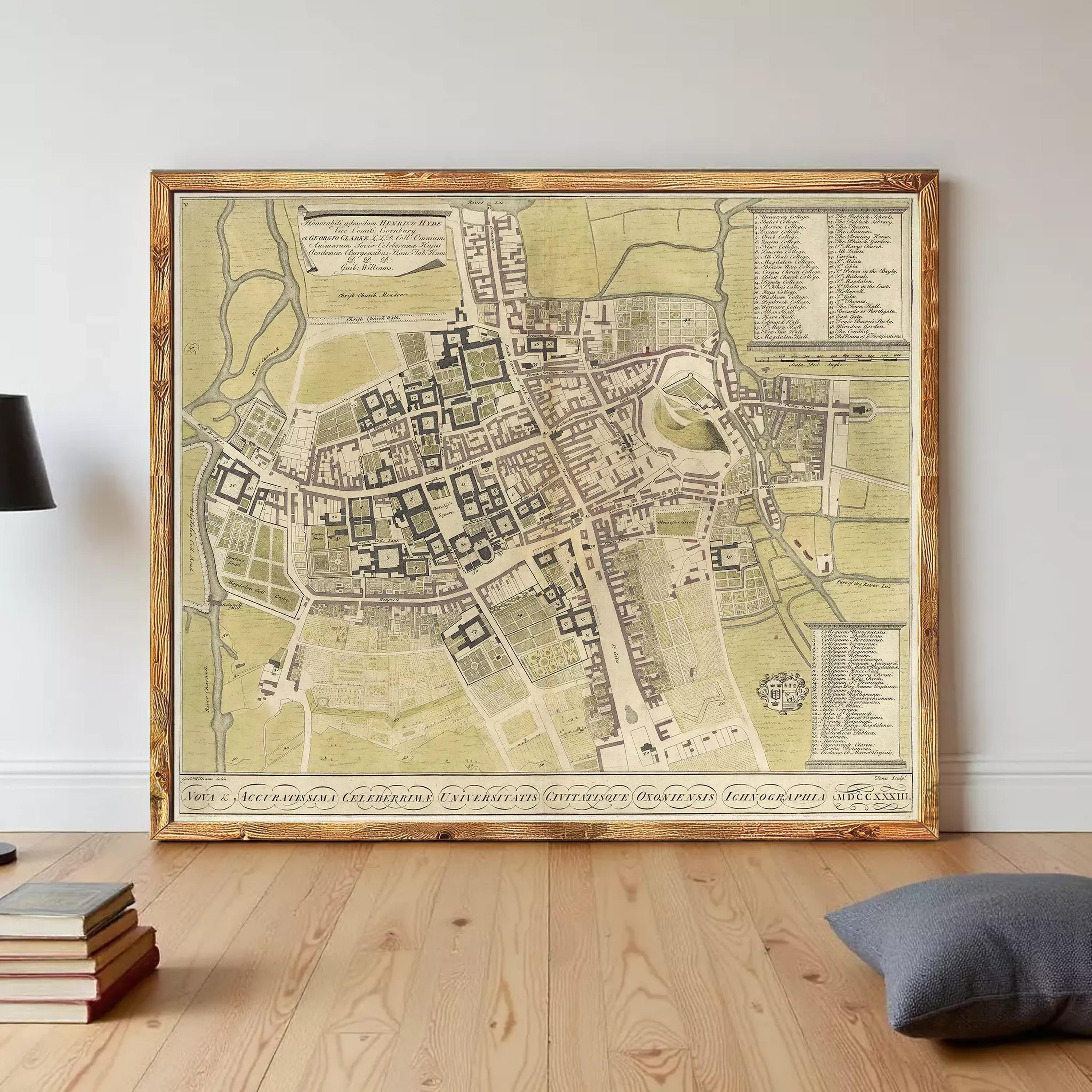 The image is a framed map of a city, likely from the 17th century, with detailed cartography and a focus on the layout and organization of the urban area.