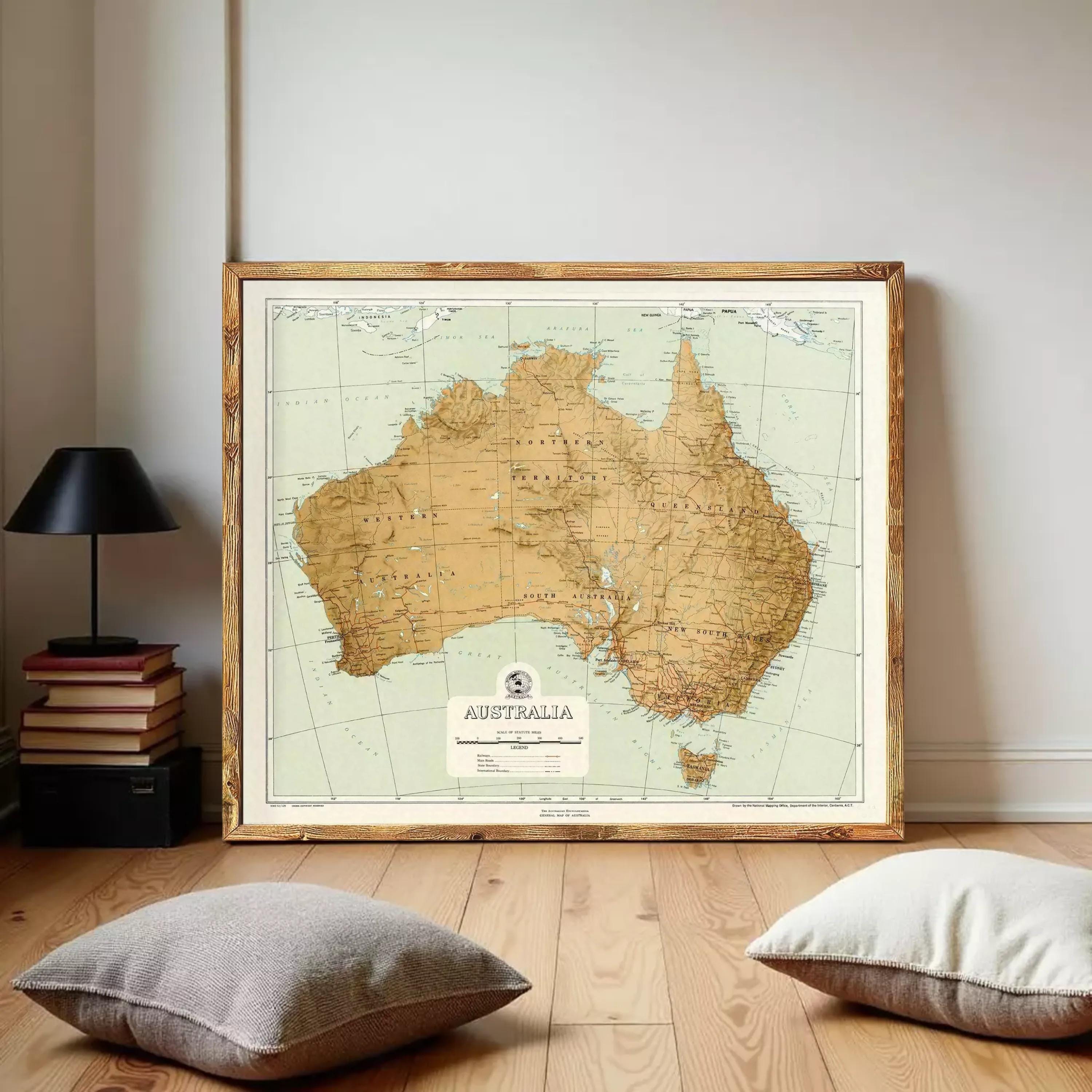 The image is a framed map of Australia, with a vintage style and a wooden frame.