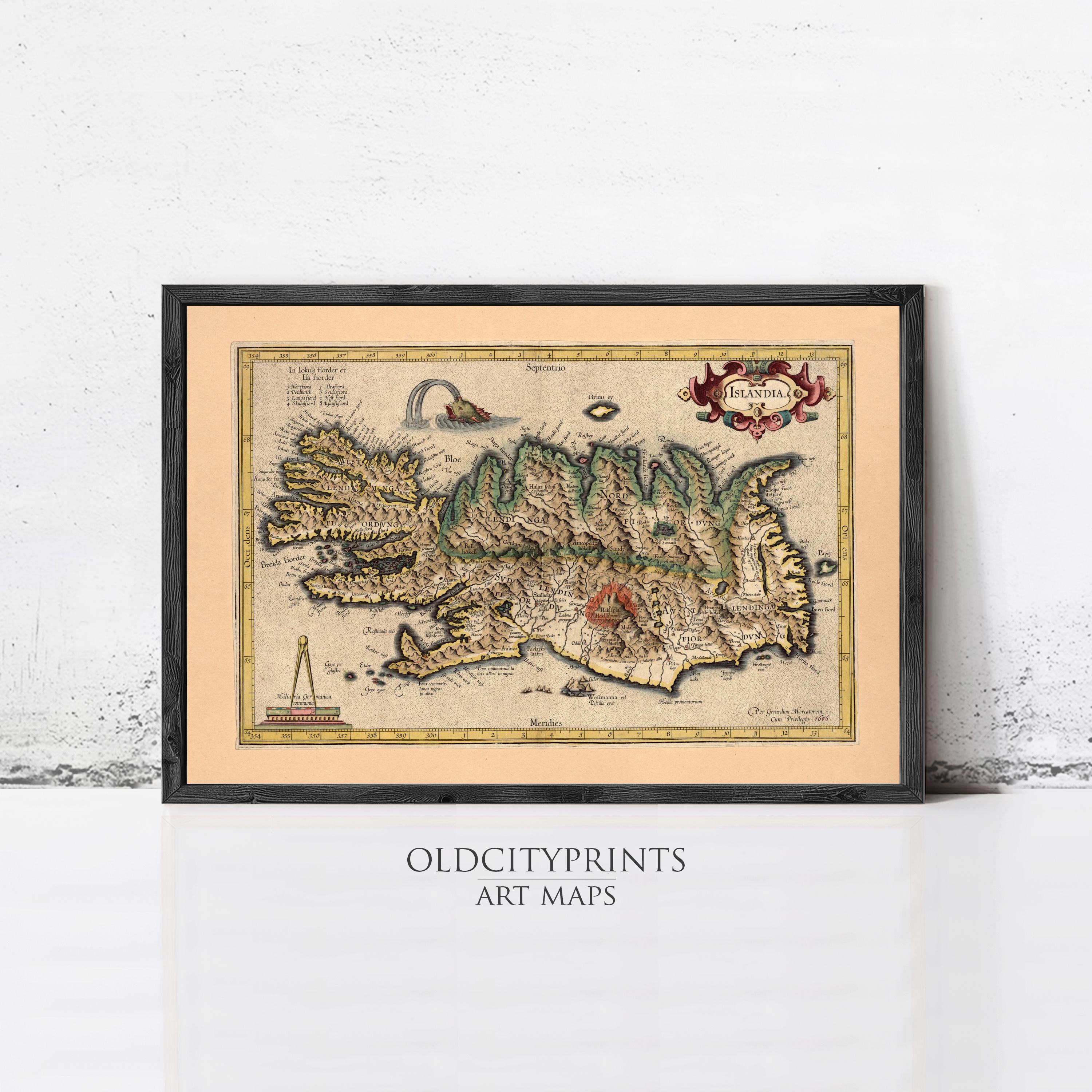 The image is a framed vintage map of Iceland, featuring detailed illustrations and labels.