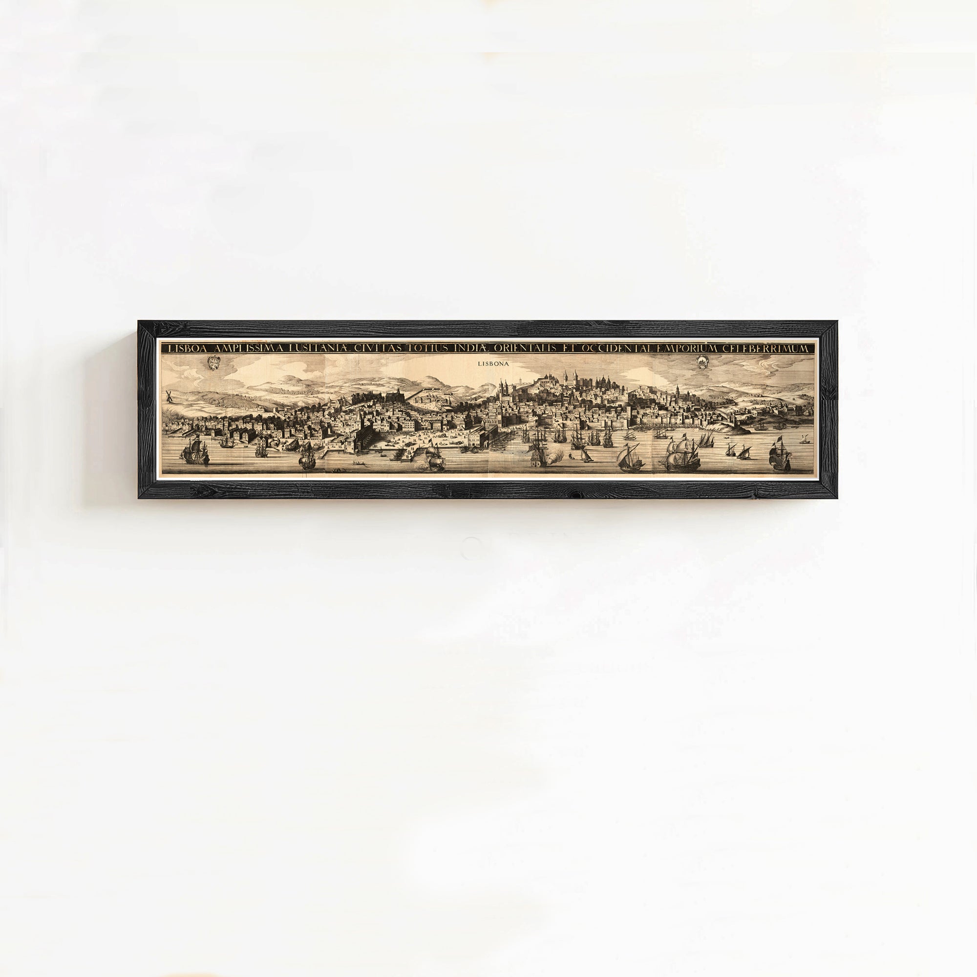 The image is a framed artwork depicting a cityscape with various buildings, ships, and people.
