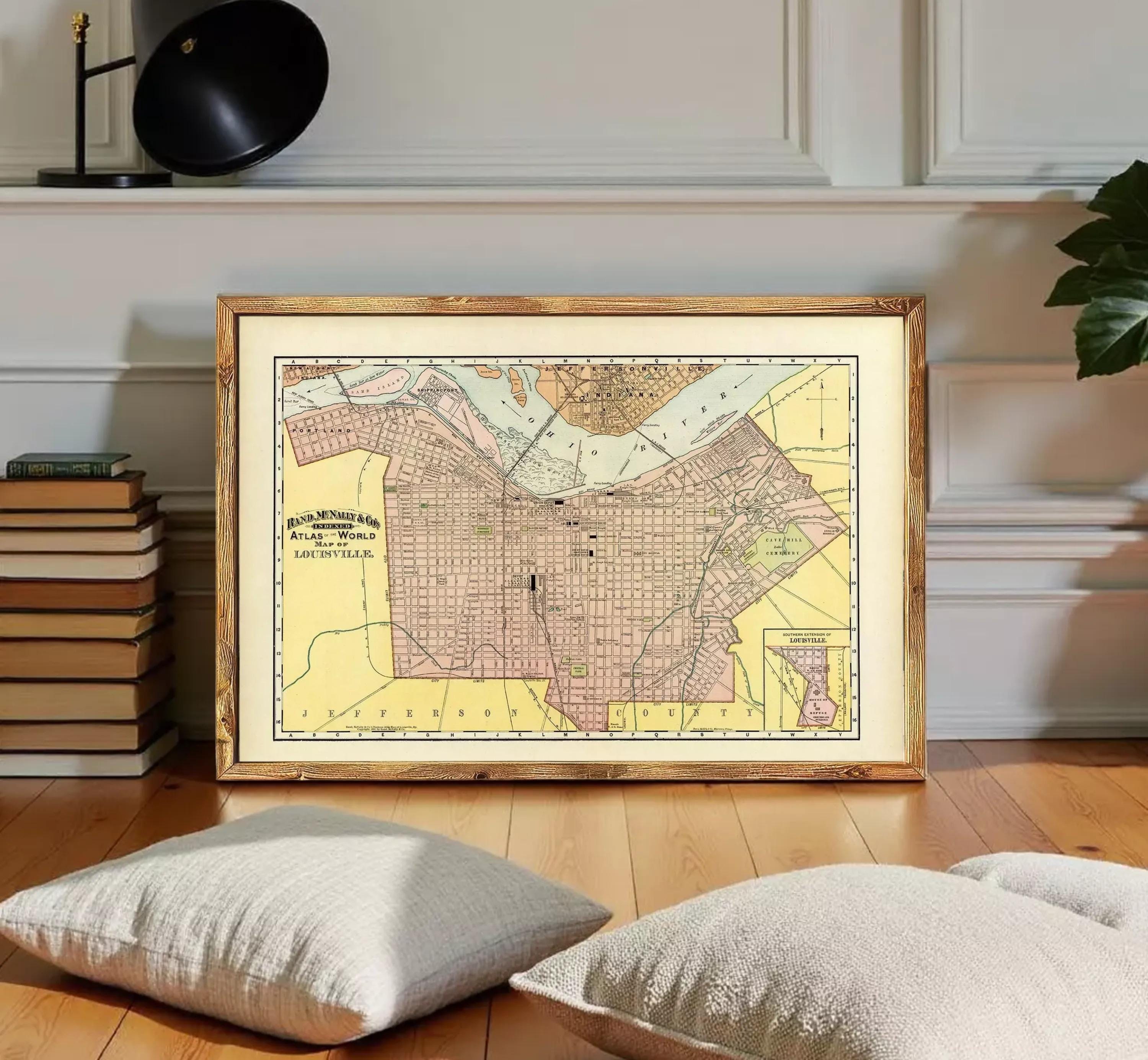 The image is a framed vintage map of a city, likely from the early 20th century, displayed on a white wall.