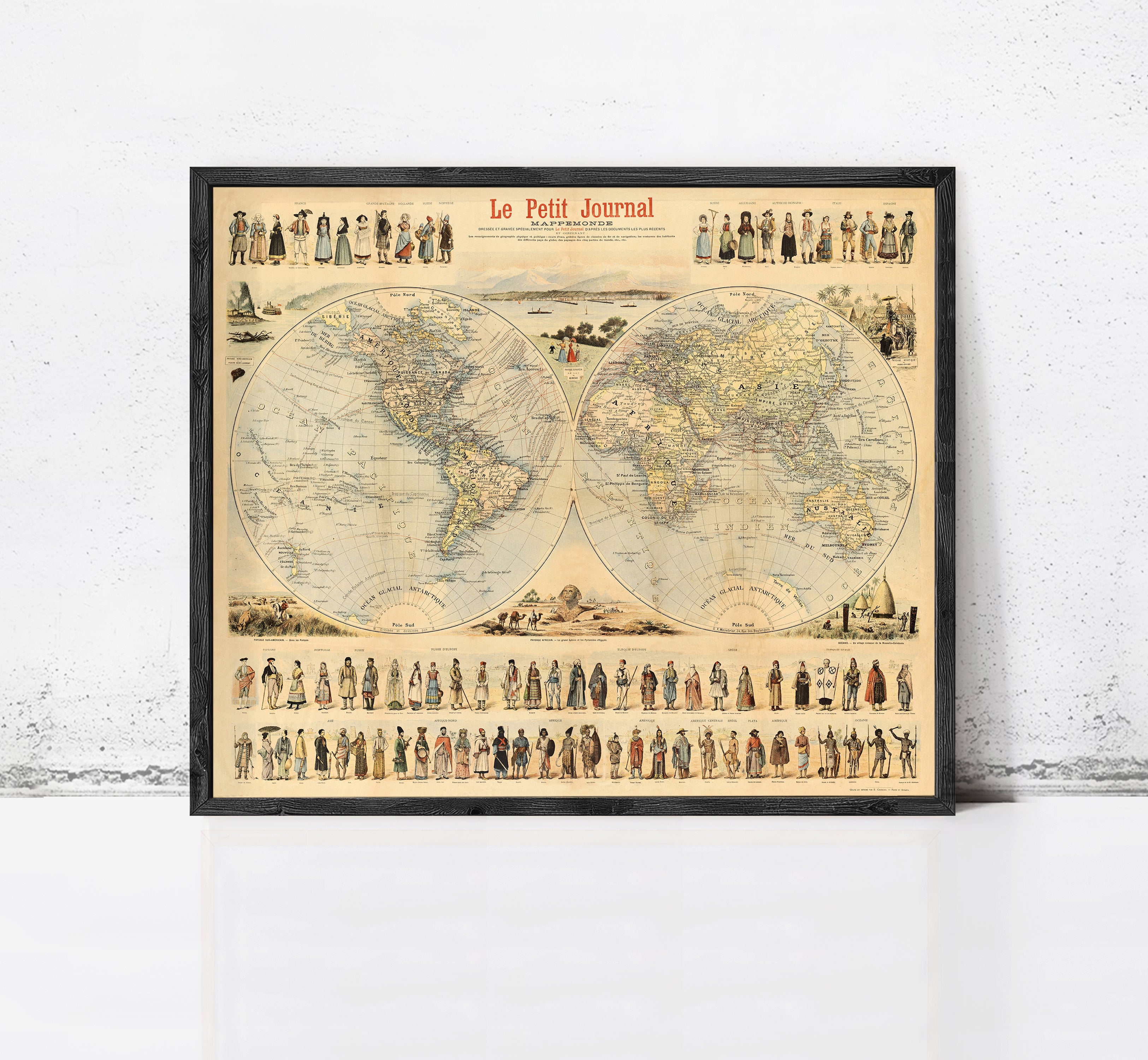 The image is a framed vintage map of the world, depicting people in various outfits and styles, likely representing different cultures and time periods.