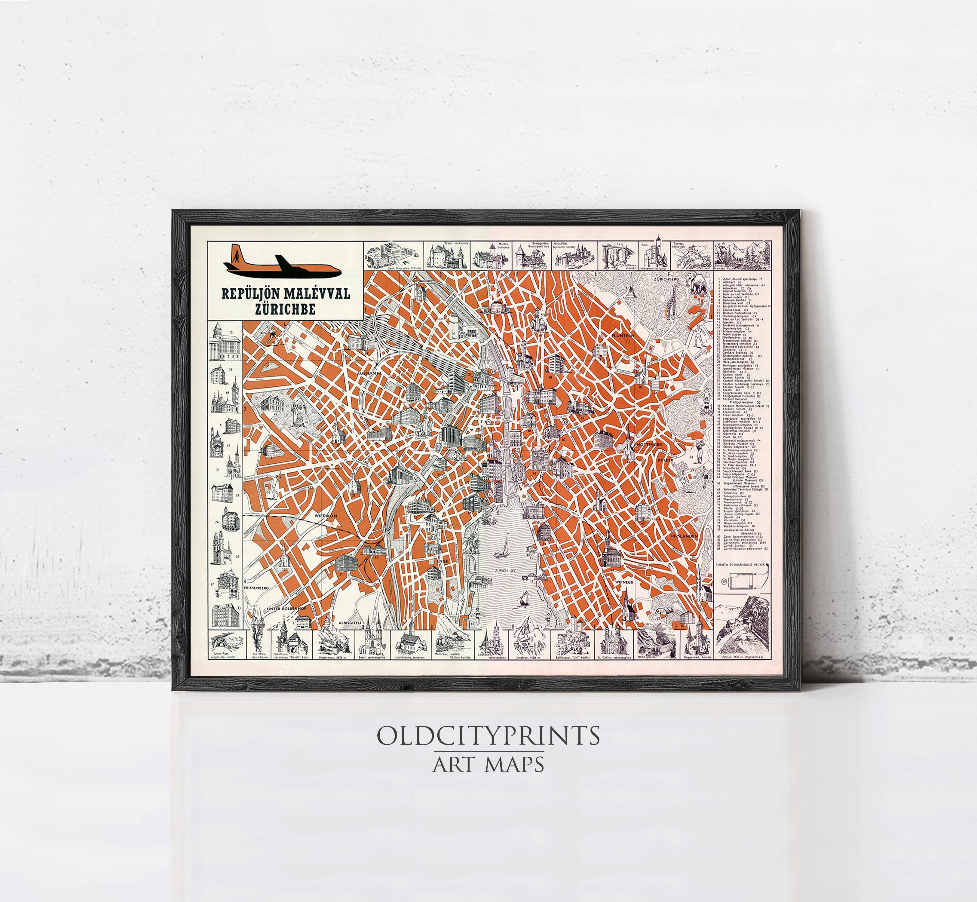 The image is a framed vintage map of Prague, Czech Republic, featuring detailed illustrations and labels for various landmarks and locations.