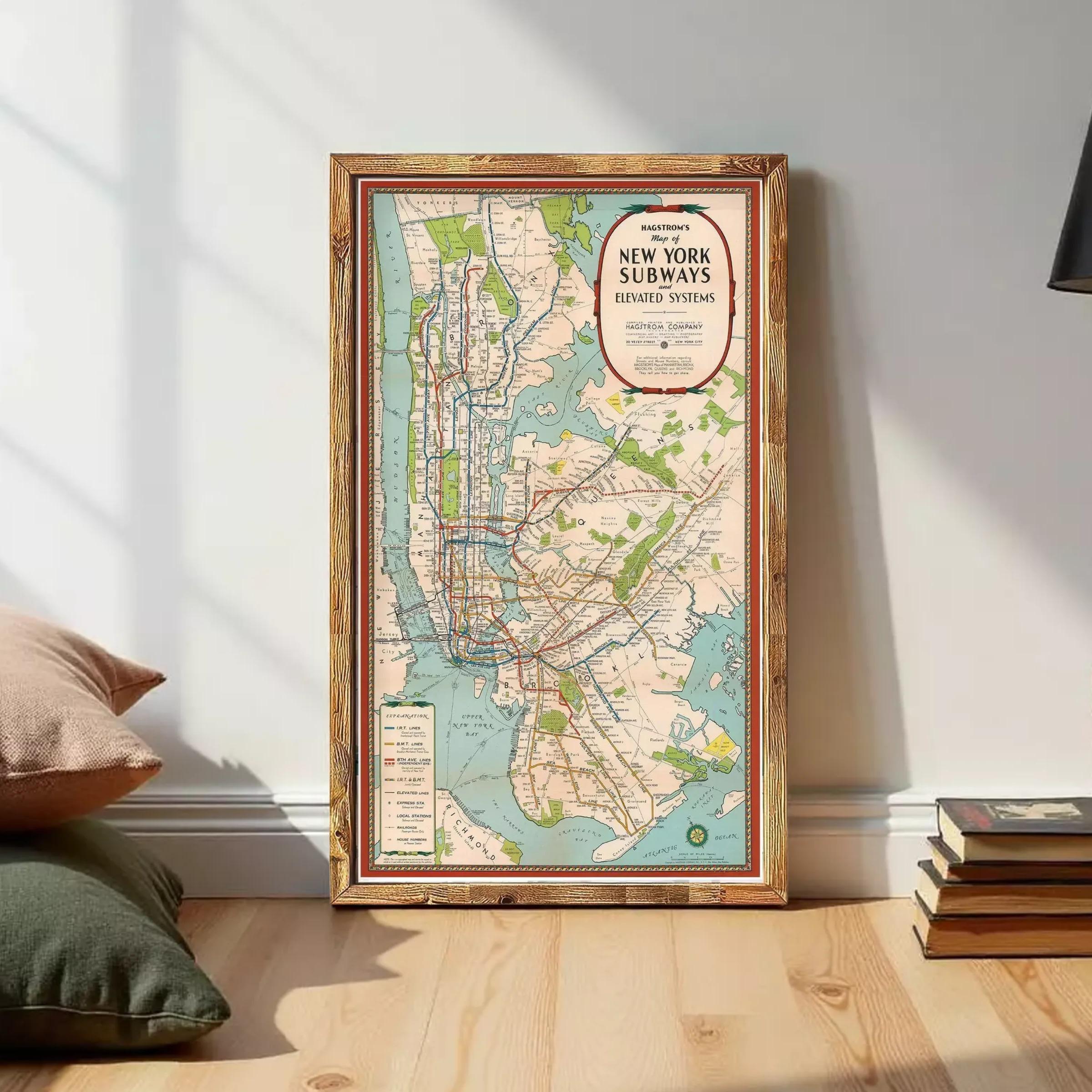 A framed vintage subway map of New York City, titled "Hastramatic's New York Subway Elevated System", is displayed on a wall.