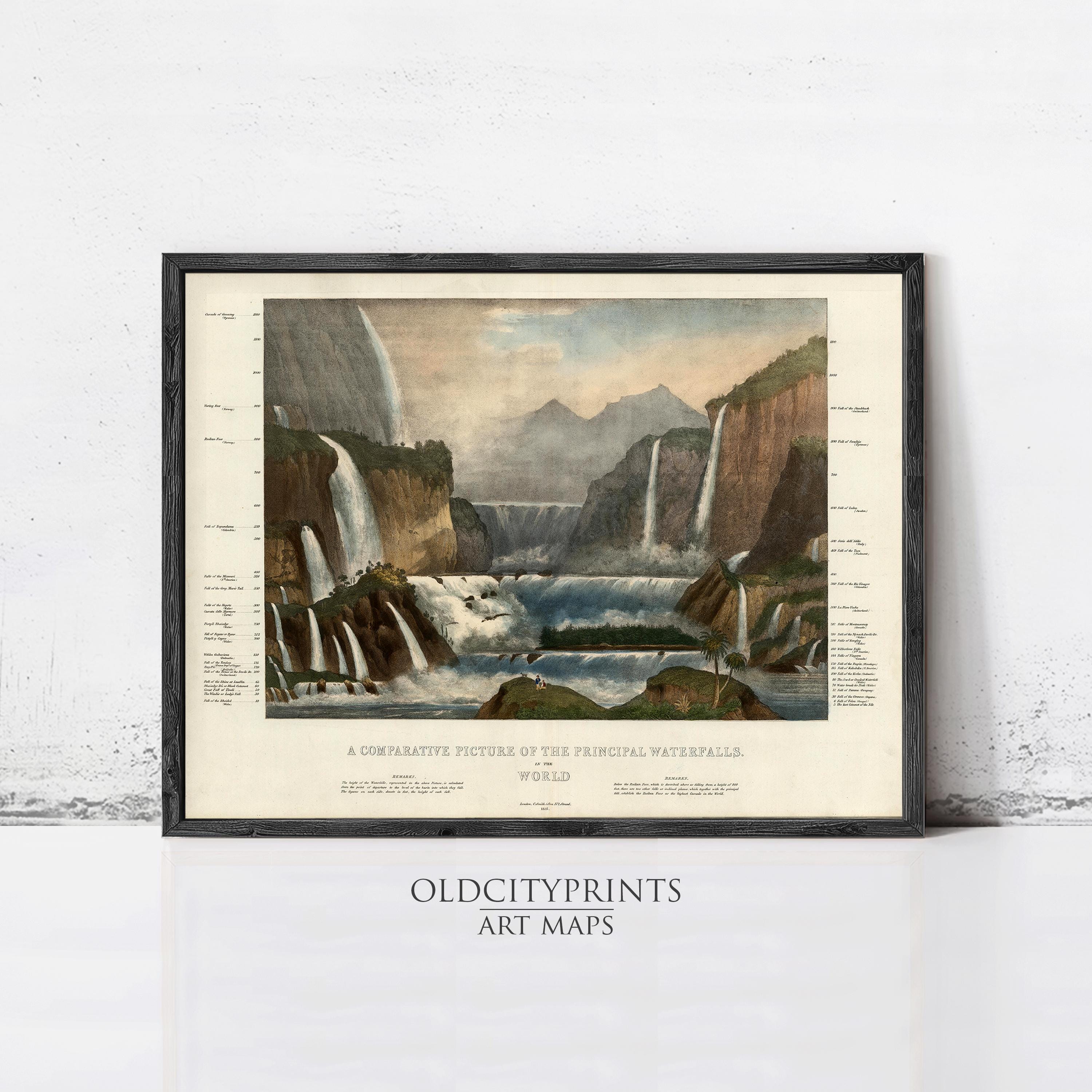 A framed print depicting a scenic landscape with a waterfall and mountains in the background.