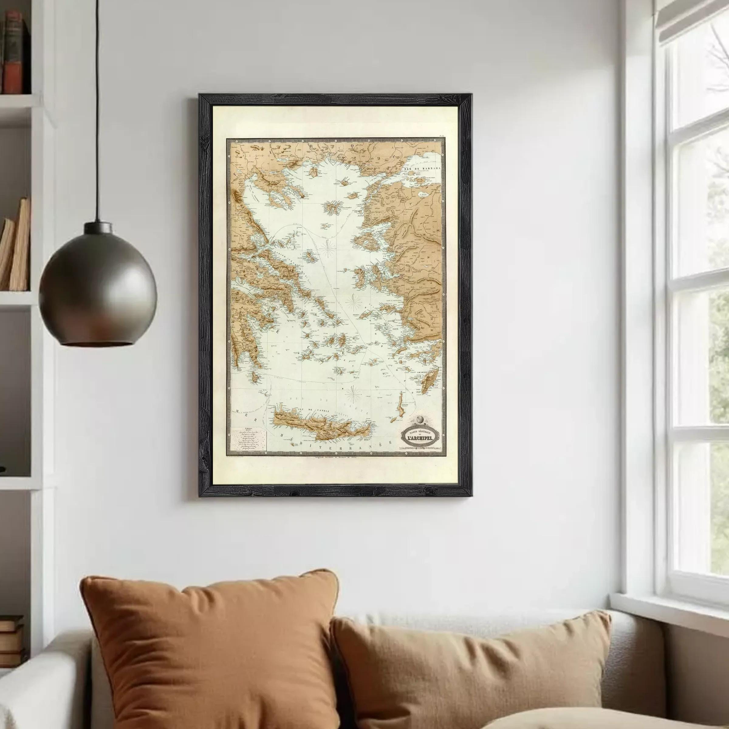 The image is a framed map of Greece, depicting the country's geographical layout and surrounding areas.