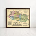 The image is a framed vintage map of a region, likely depicting a country or region, with various colored regions and a silhouette of a mountain range.