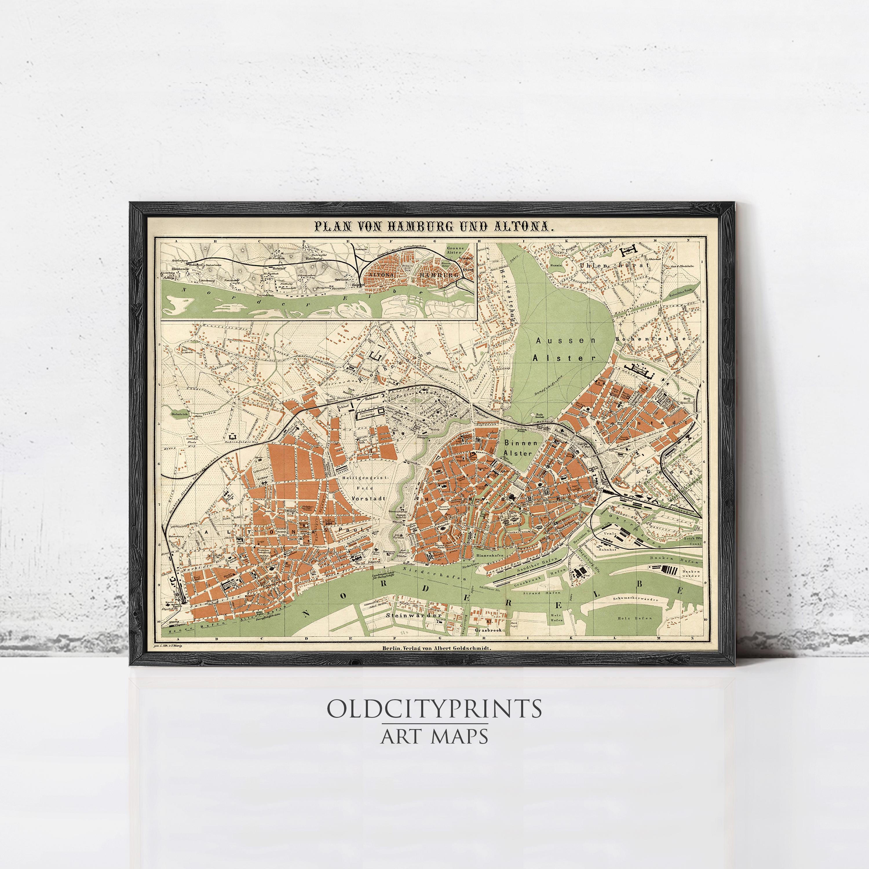 The image is a framed vintage map of a city, likely Hamburg, Germany, with a black border and a beige background.
