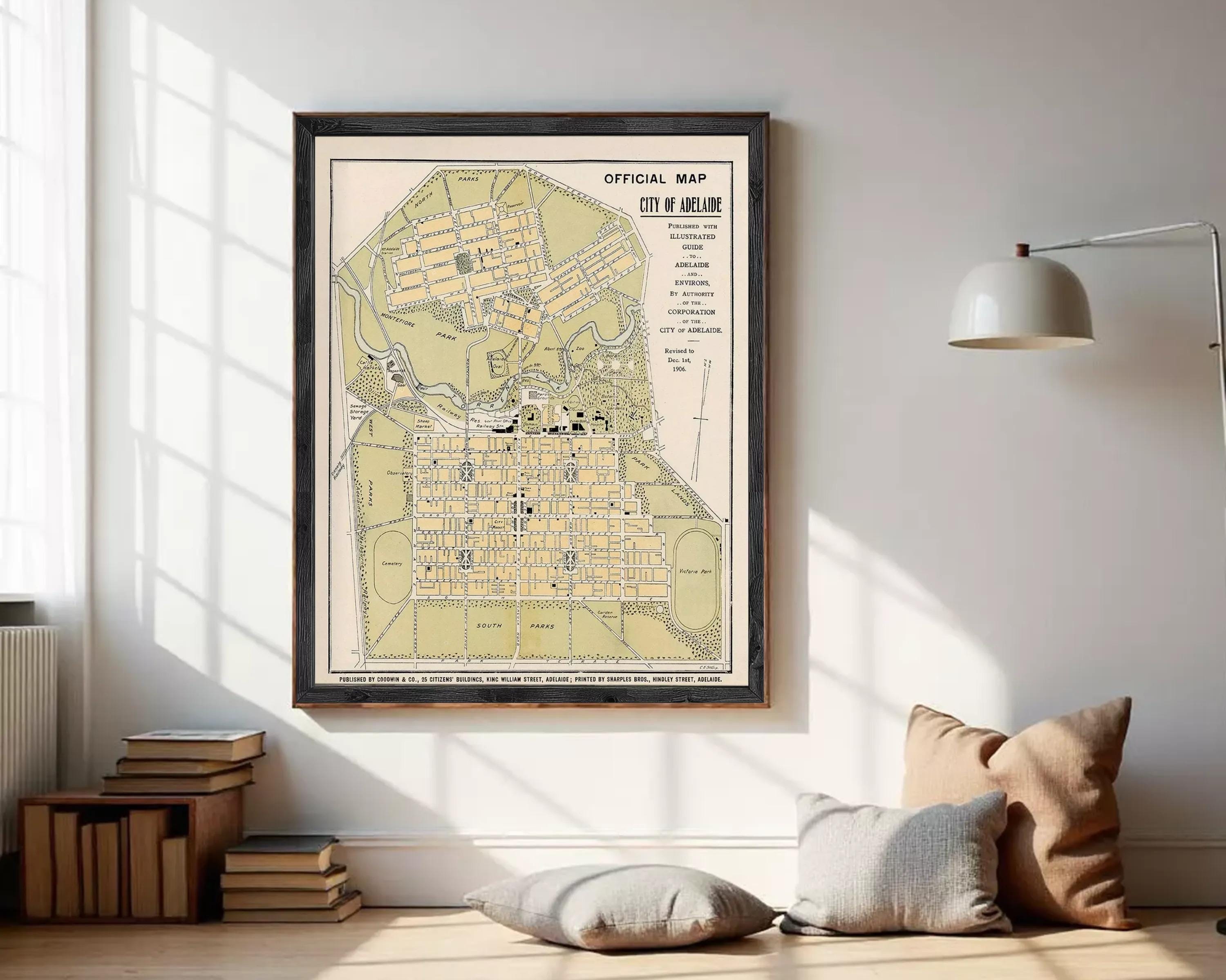 The image is an old map of the City of Adelaide, Australia, depicting the city's layout and surrounding areas.