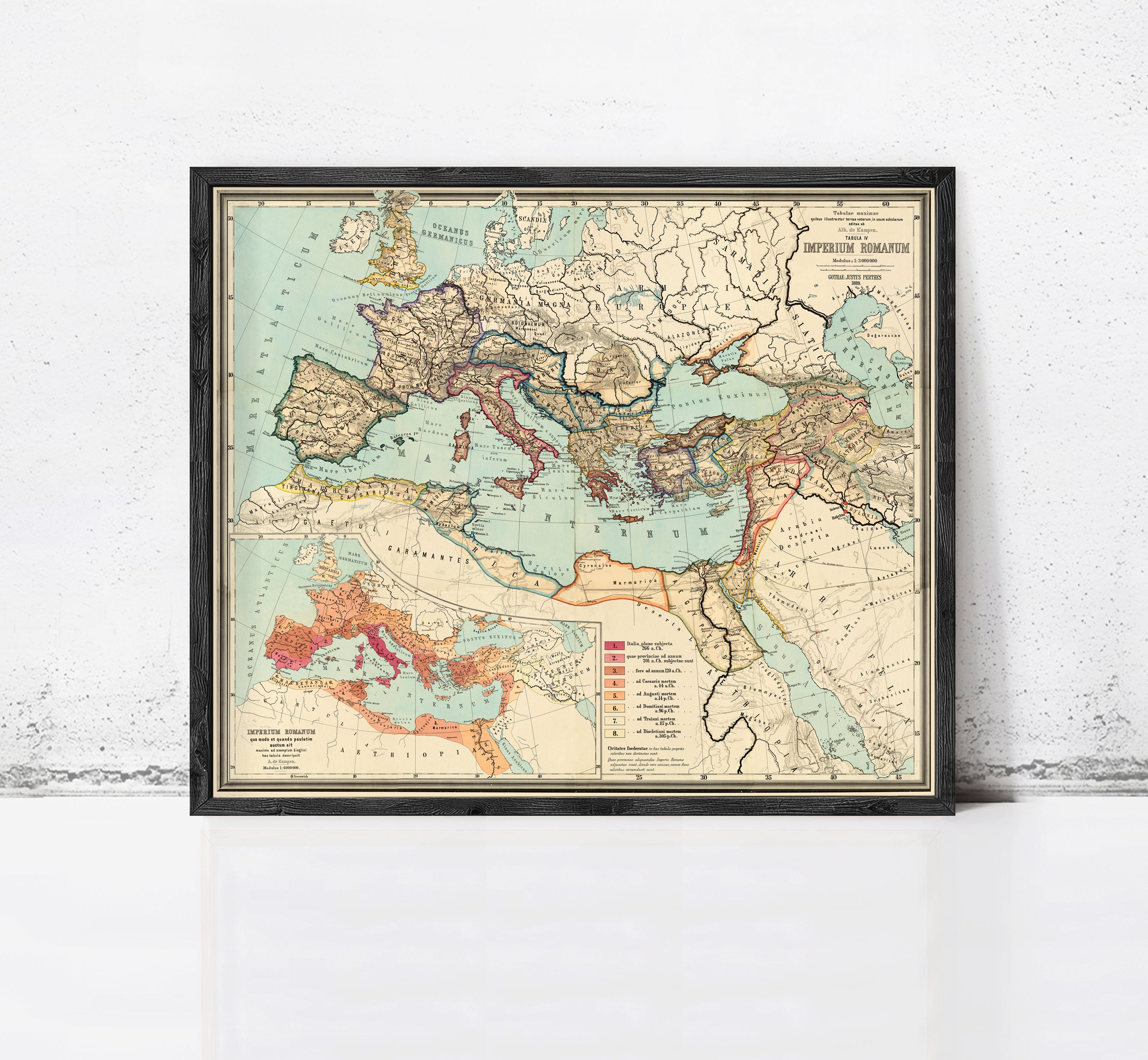 The image is a framed vintage map of the Roman Empire, depicting the Mediterranean region and surrounding areas.