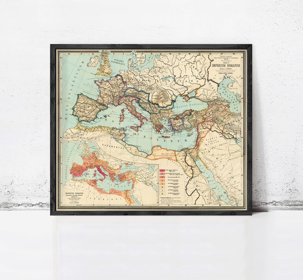 The image is a framed vintage map of the Roman Empire, depicting the Mediterranean region and surrounding areas.