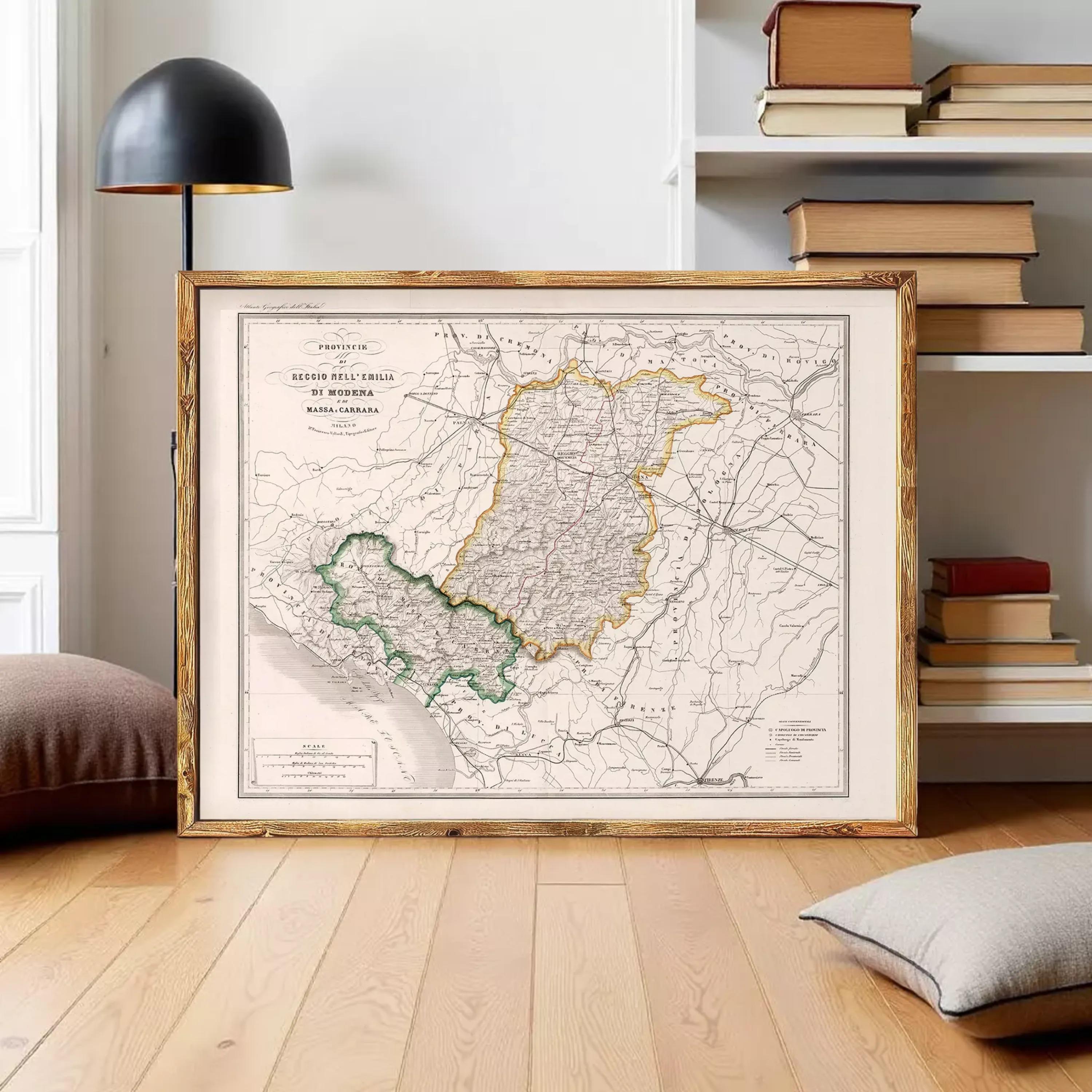 The image is a framed vintage map of a region, likely depicting a country or region, with various roads and geographical features.