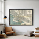 The image is a framed vintage map of Oakland, California, with a detailed layout of the city's streets and neighborhoods.