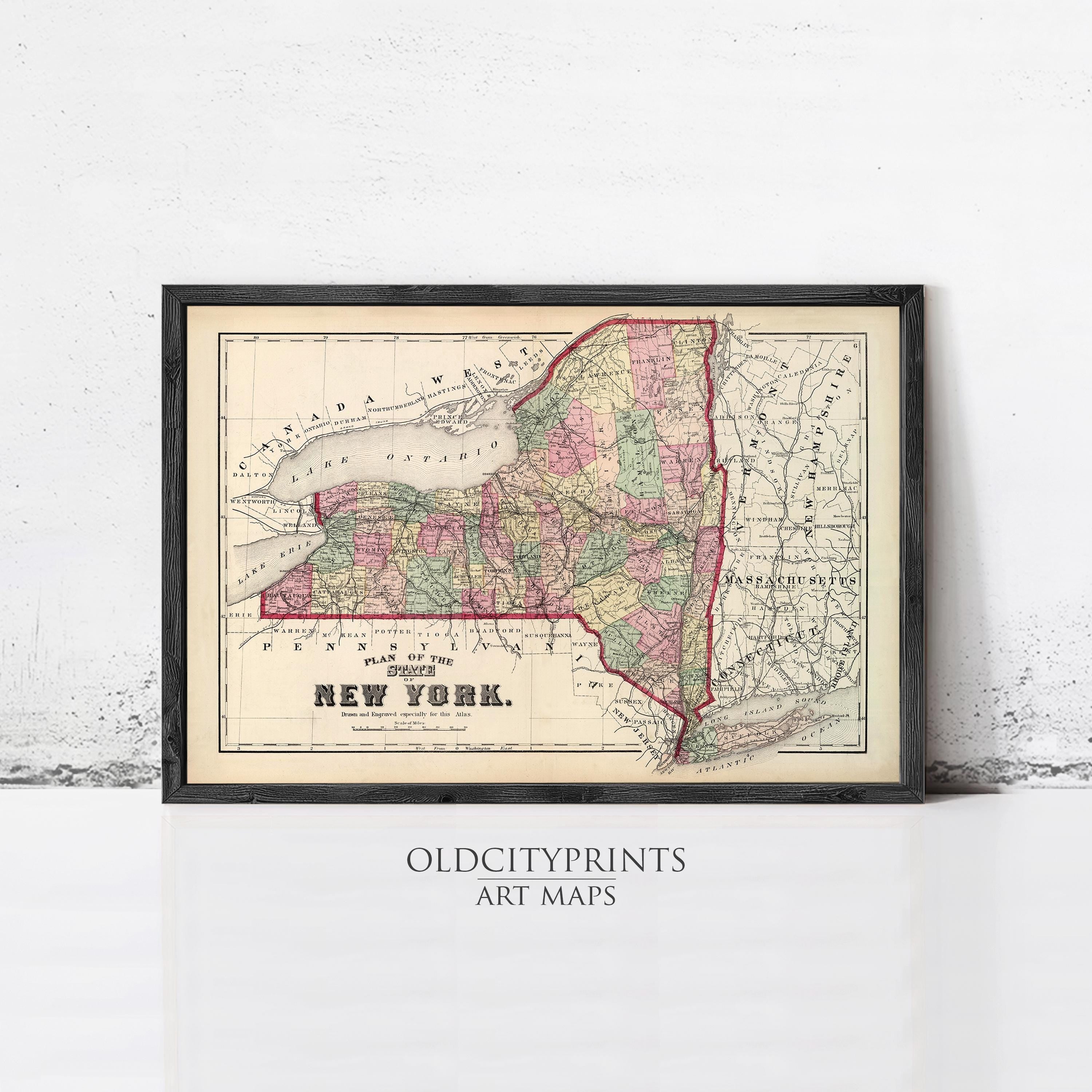 The image is a framed vintage map of New York, depicting the state in a detailed and colorful manner.