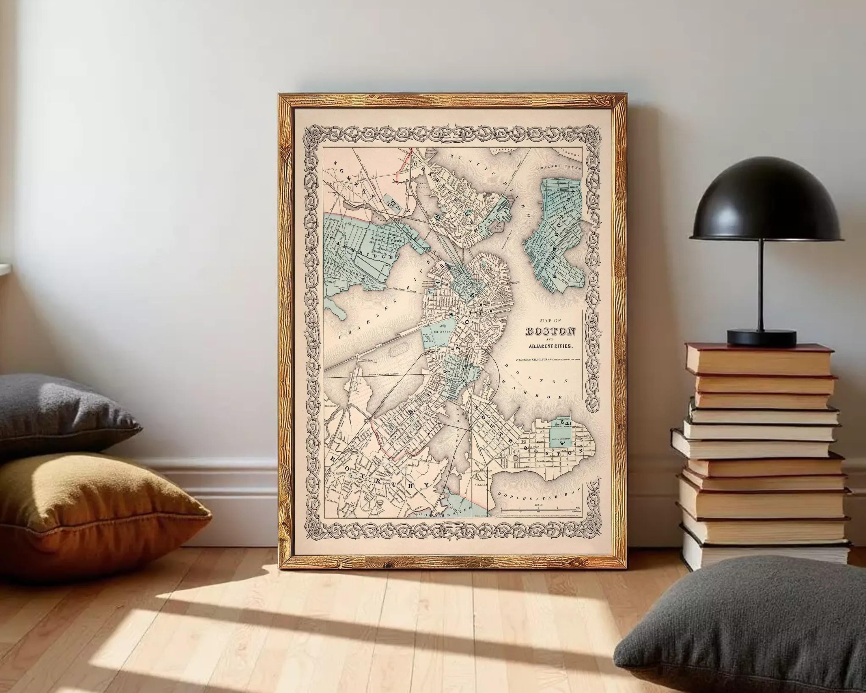 The image is a framed vintage map of Boston, Massachusetts, with a detailed and intricate design.