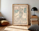 The image is a framed vintage map of Boston, Massachusetts, with a detailed and intricate design.