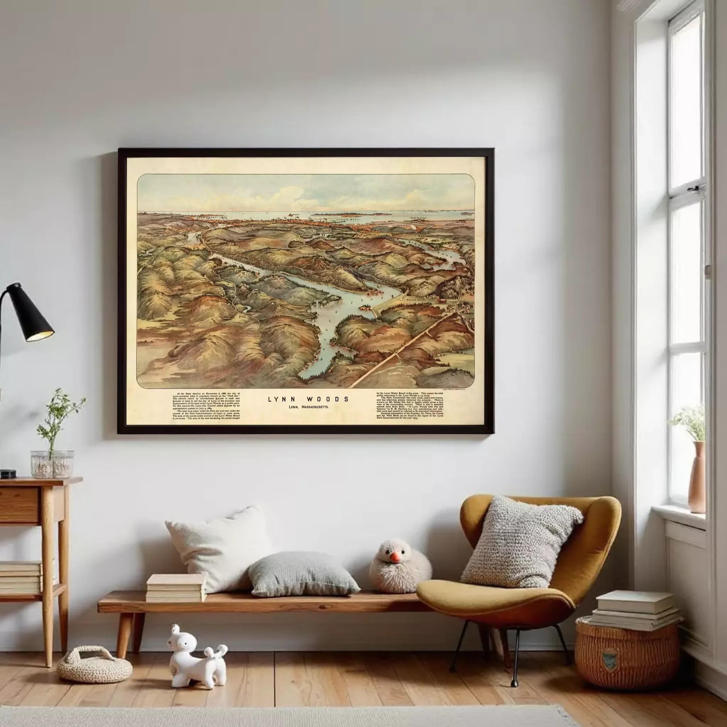 a large framed map of Lynn Woods, a historic landmark in Massachusetts, hanging on a wall in a cozy living room setting.