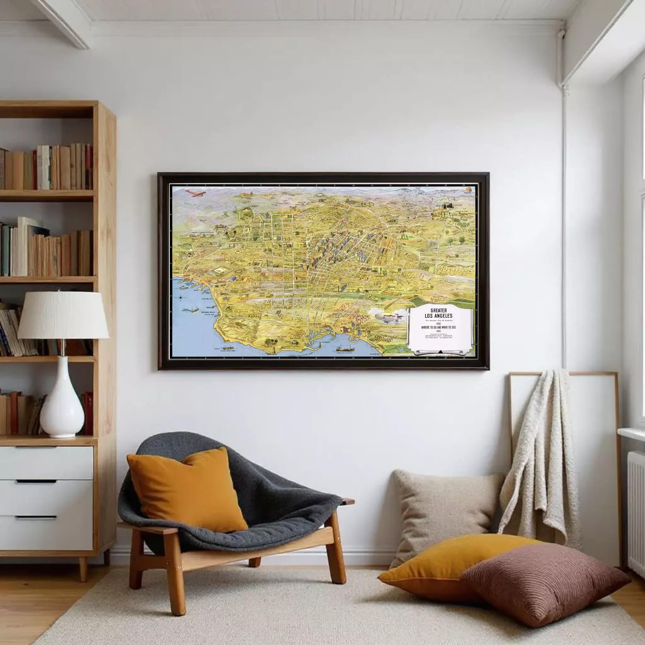 The image is a framed map of Los Angeles, California, with various landmarks and streets depicted in a detailed and colorful manner.