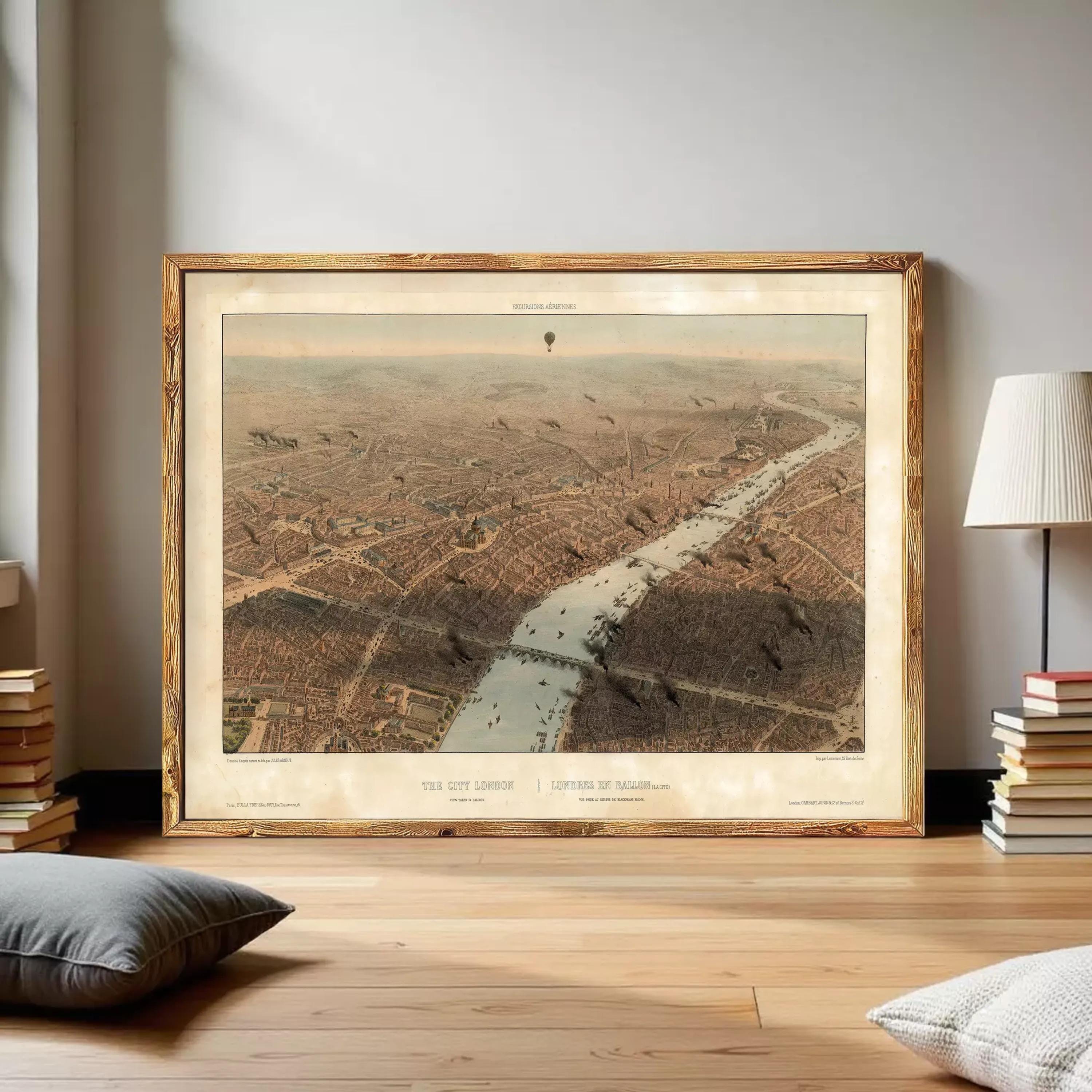 The image is a framed aerial view of a city, depicting a river or canal running through the center of the city.