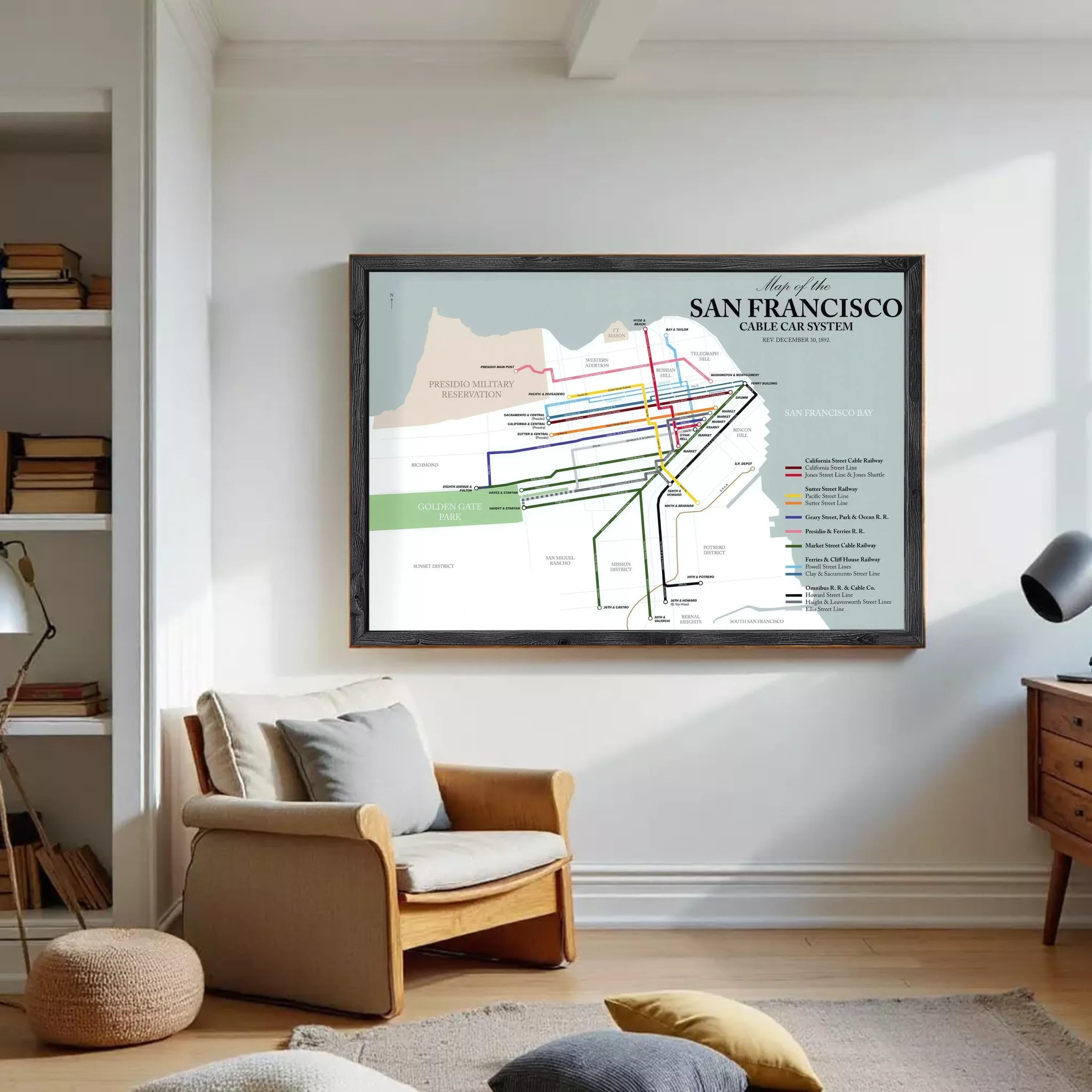 The image is a framed map of the San Francisco Cable Car System, depicting the various cable car routes and stations in the city.