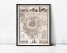 The image is a framed historical map of a city, depicting various landmarks and buildings.