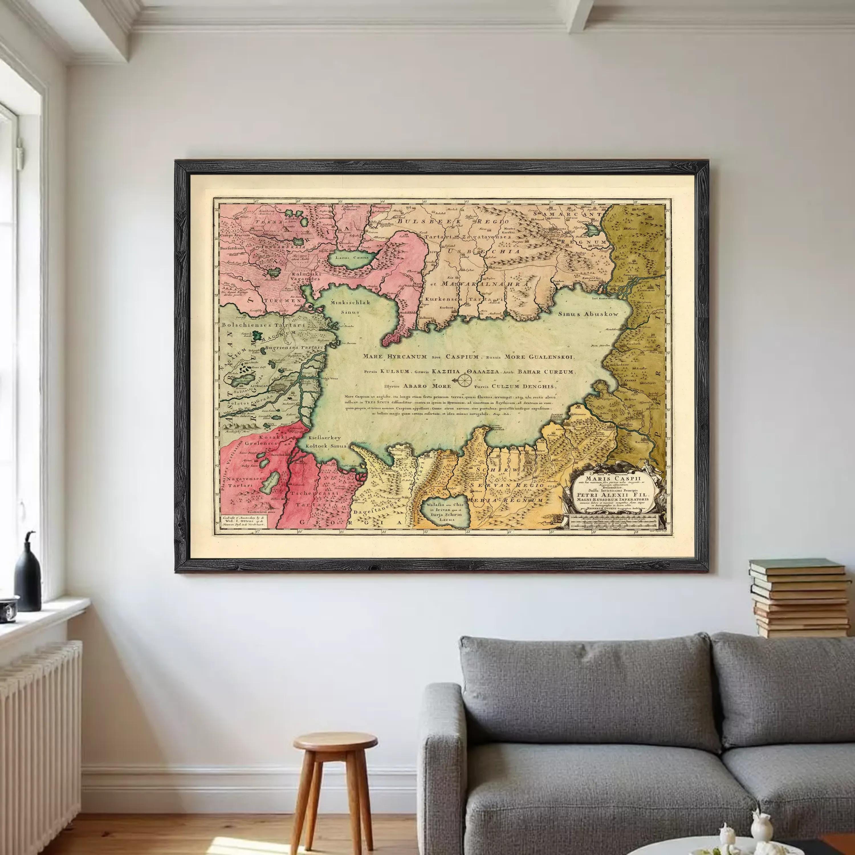 The image is a framed vintage map of the Middle East and North Africa, depicting the region in a detailed and colorful manner.