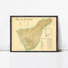The image is a framed vintage map of the island of Tenerife, Spain.
