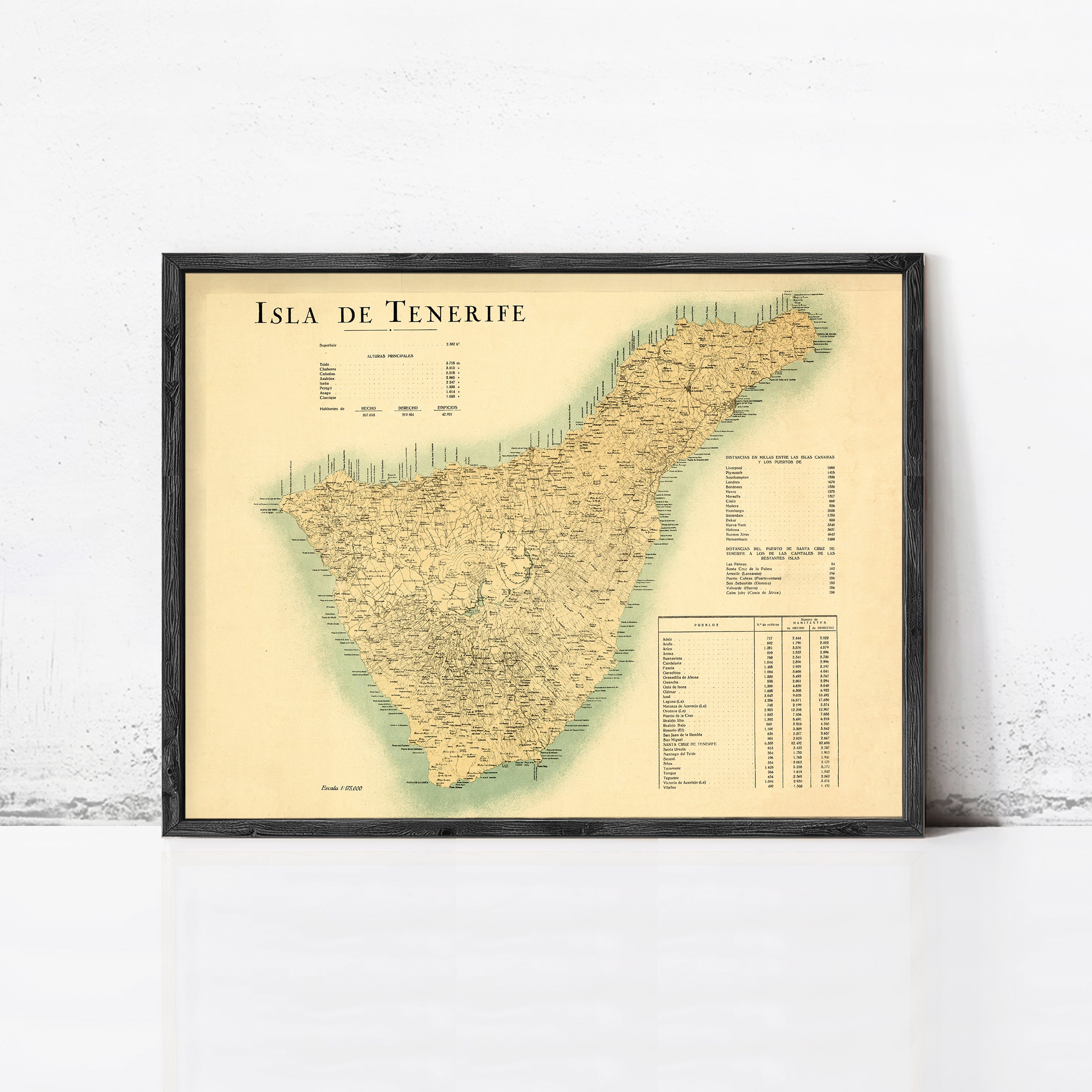The image is a framed vintage map of the island of Tenerife, Spain.