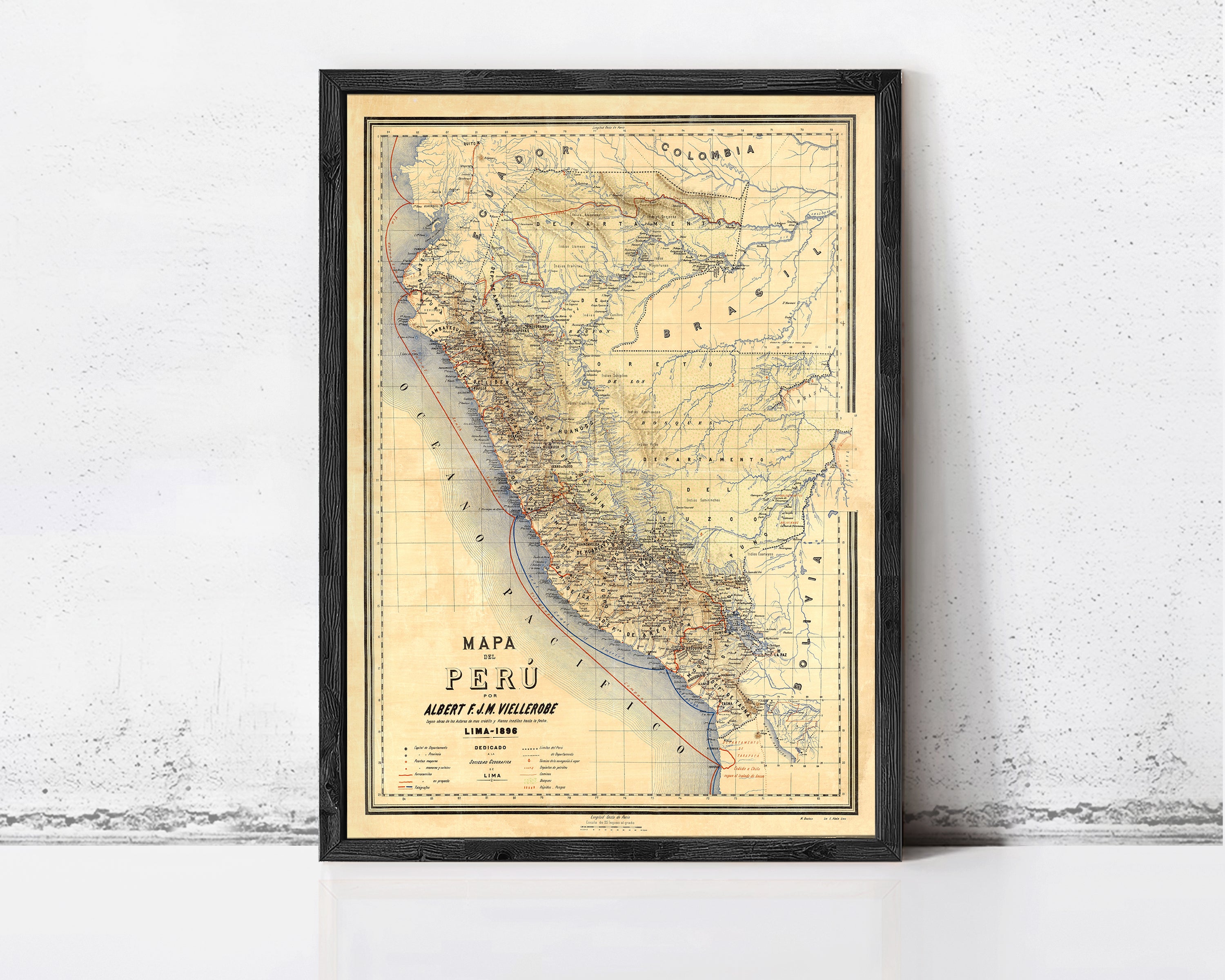 The image is a framed map of Peru, showing the country's geographical layout and boundaries.