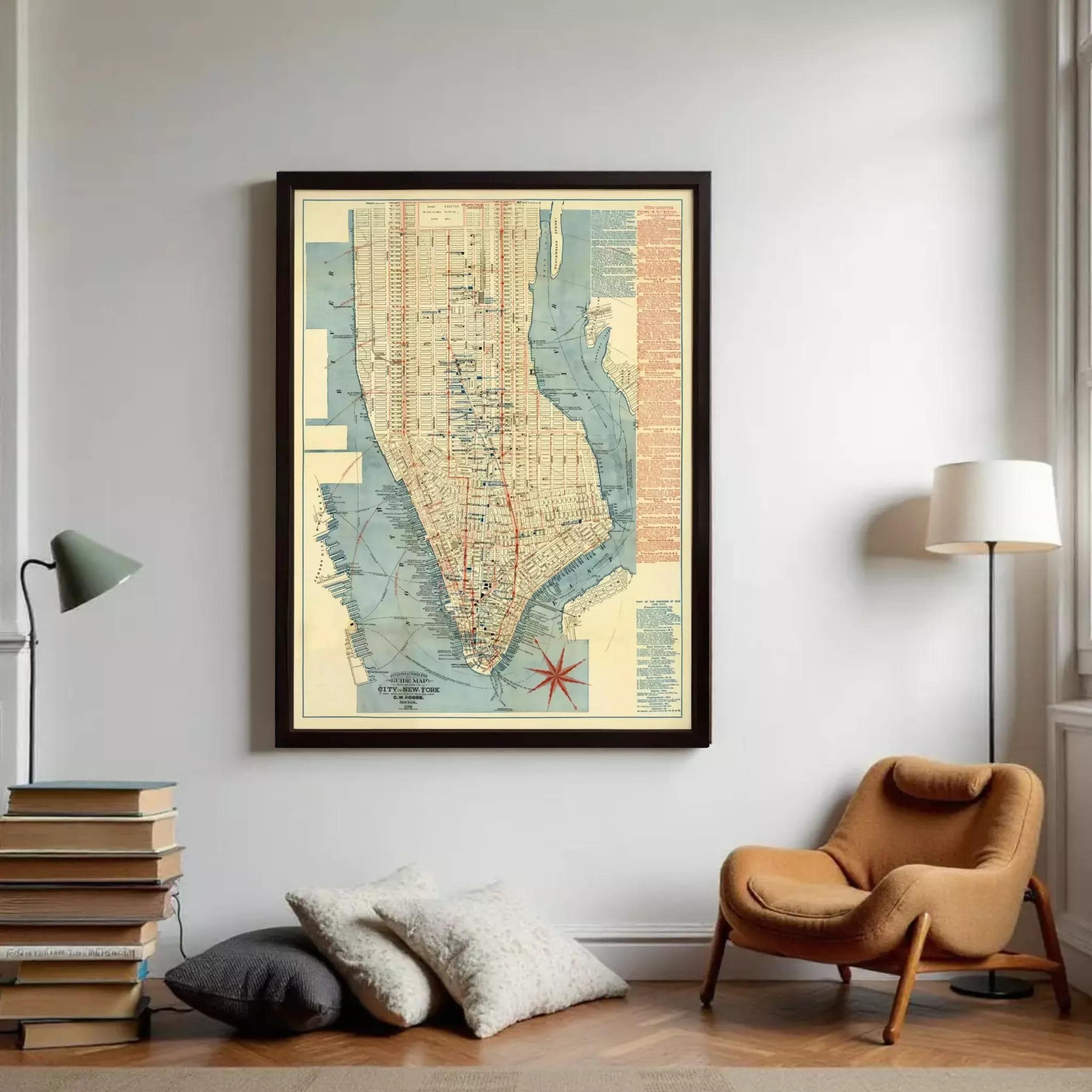 The image is a framed vintage map of New York City, depicting the city's streets and neighborhoods in a detailed and colorful manner.