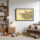 a cozy living room with a large framed map of Vancouver, Canada, hanging on the wall. The room is furnished with a couch, a bookshelf, and a lamp, creating a comfortable and inviting atmosphere.