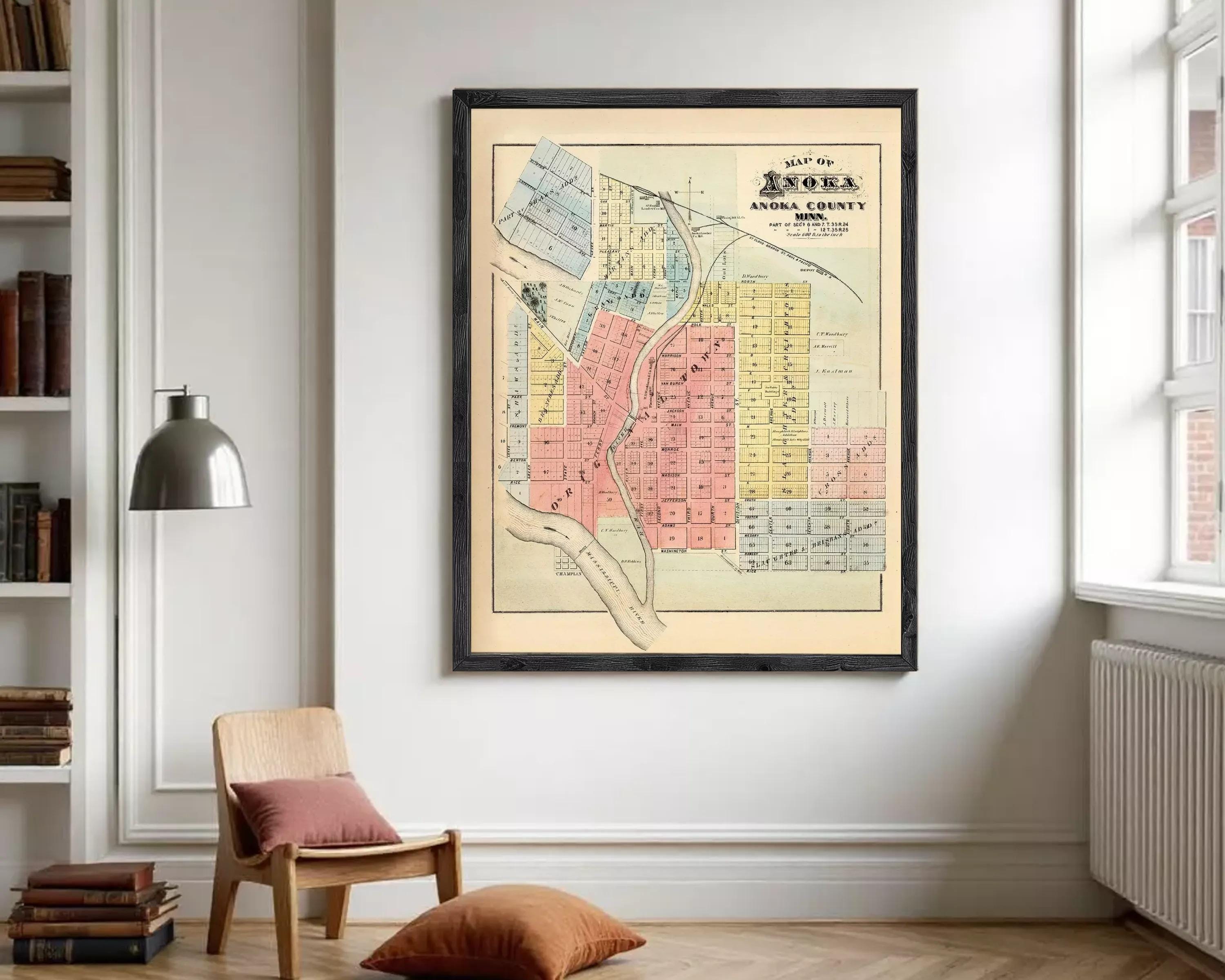 The image is a framed map of the town of Anoka, Minnesota, showing the layout of the town and surrounding areas.
