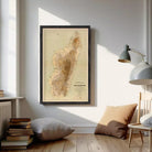 The image is a framed map of Madagascar, a country in the South Pacific, with a vintage style and a beige color scheme.
