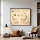 The image is a framed vintage map of Australia and New Zealand, depicting the geographical layout and boundaries of the countries in a sepia-toned style.