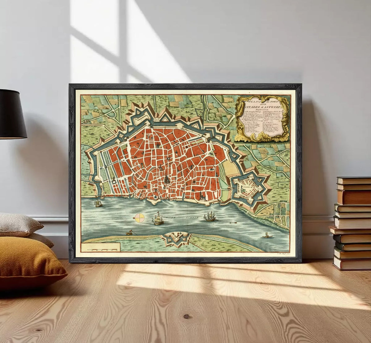 The image is a framed vintage map of a city, depicting a detailed layout of the streets, landmarks, and surrounding areas.