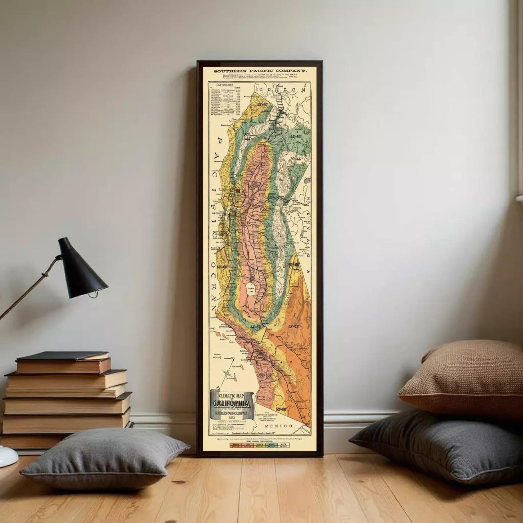The image is a framed vintage map of California, showing the state's geographical features and boundaries.