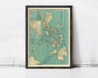 The image is a framed vintage map of the Philippines, showing the country's geographical layout and surrounding areas.