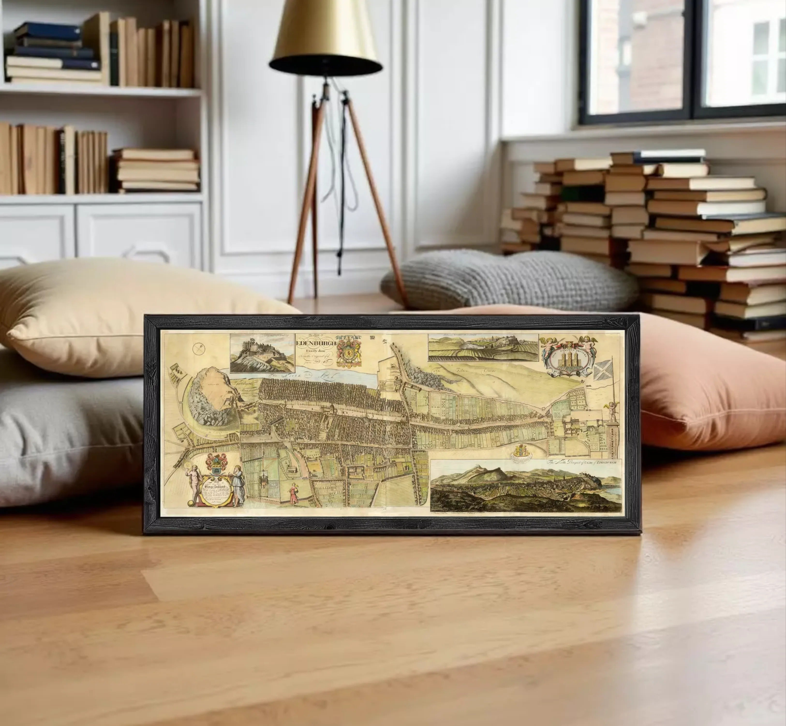 The image is a framed collage of various images, including a map, a landscape, and a historical scene, all set against a white wall.