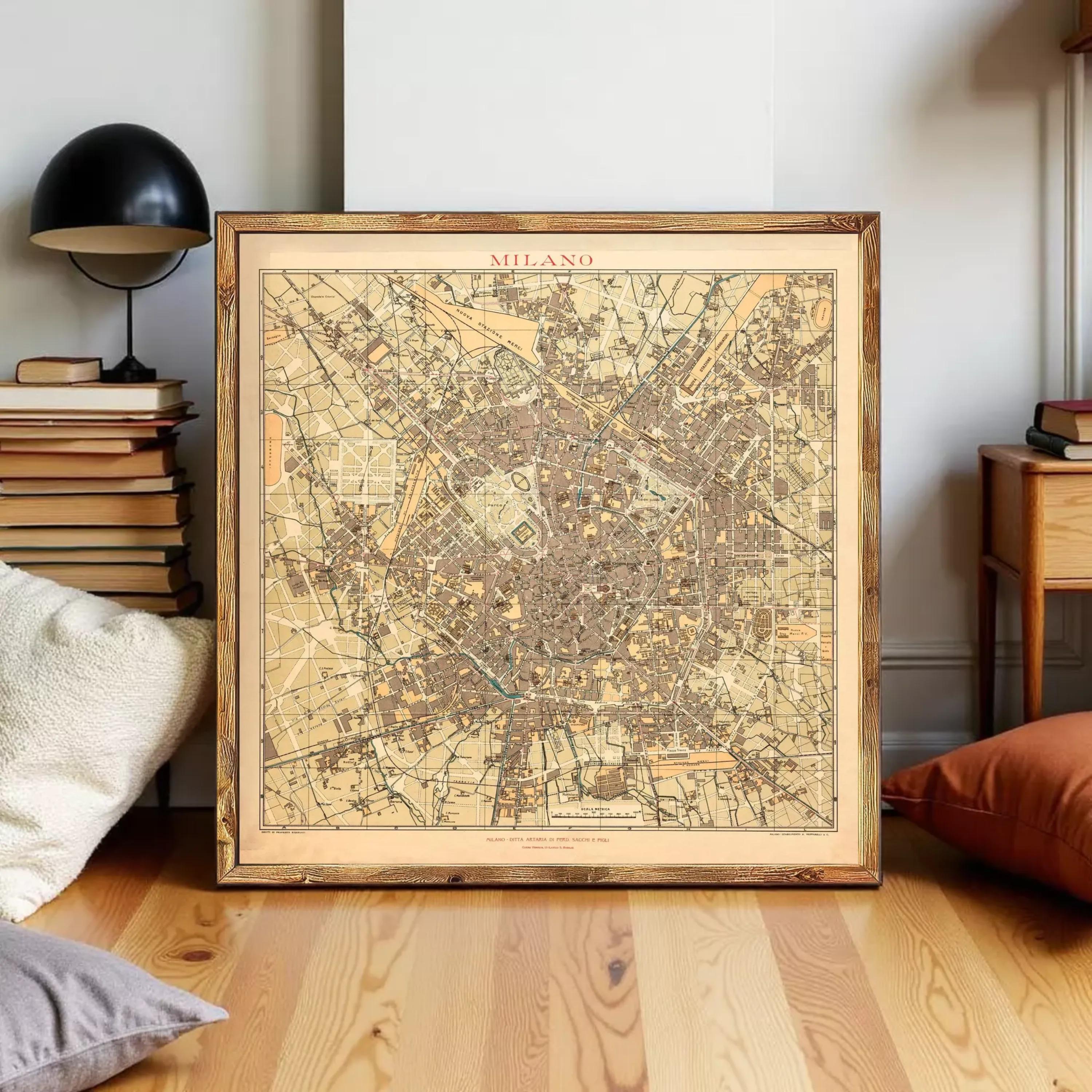 The image is a framed vintage map of Milan, Italy.