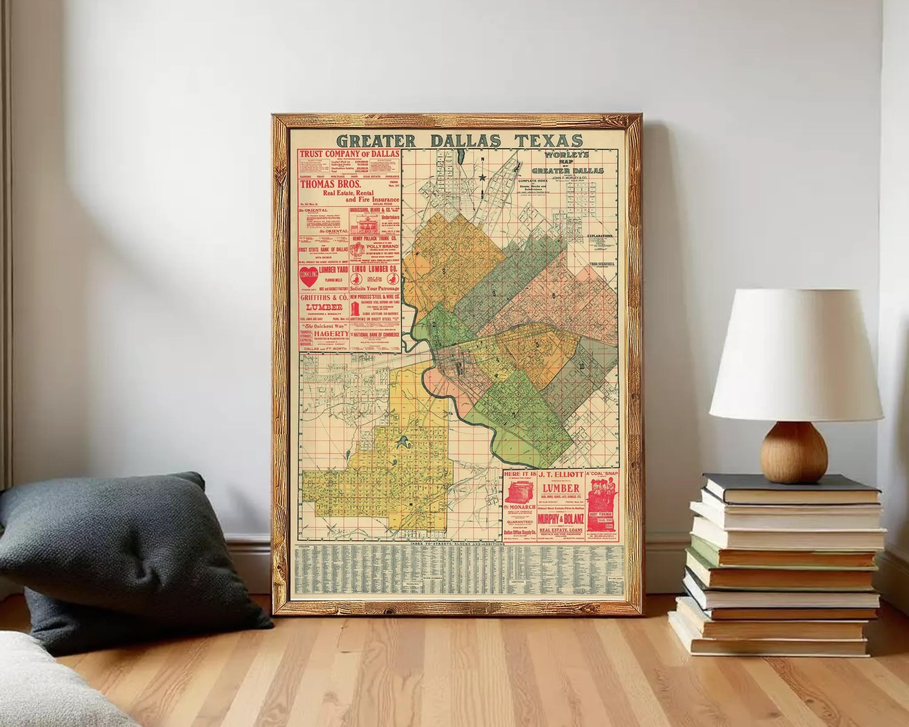 The image is a framed vintage map of Greater Dallas, Texas, showing the city's boundaries and surrounding areas.