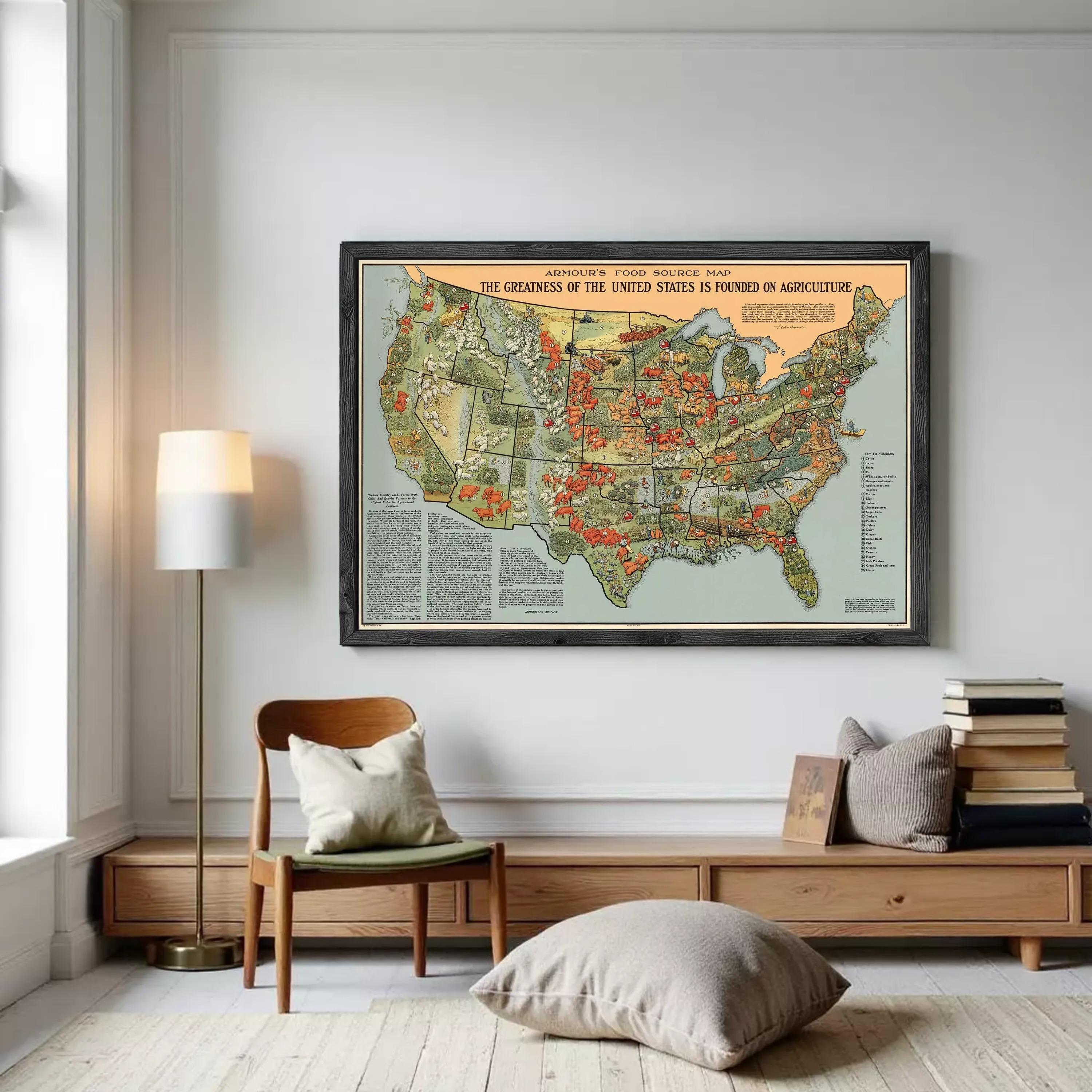 The image is a framed poster depicting a map of the United States, highlighting the country's agricultural production.