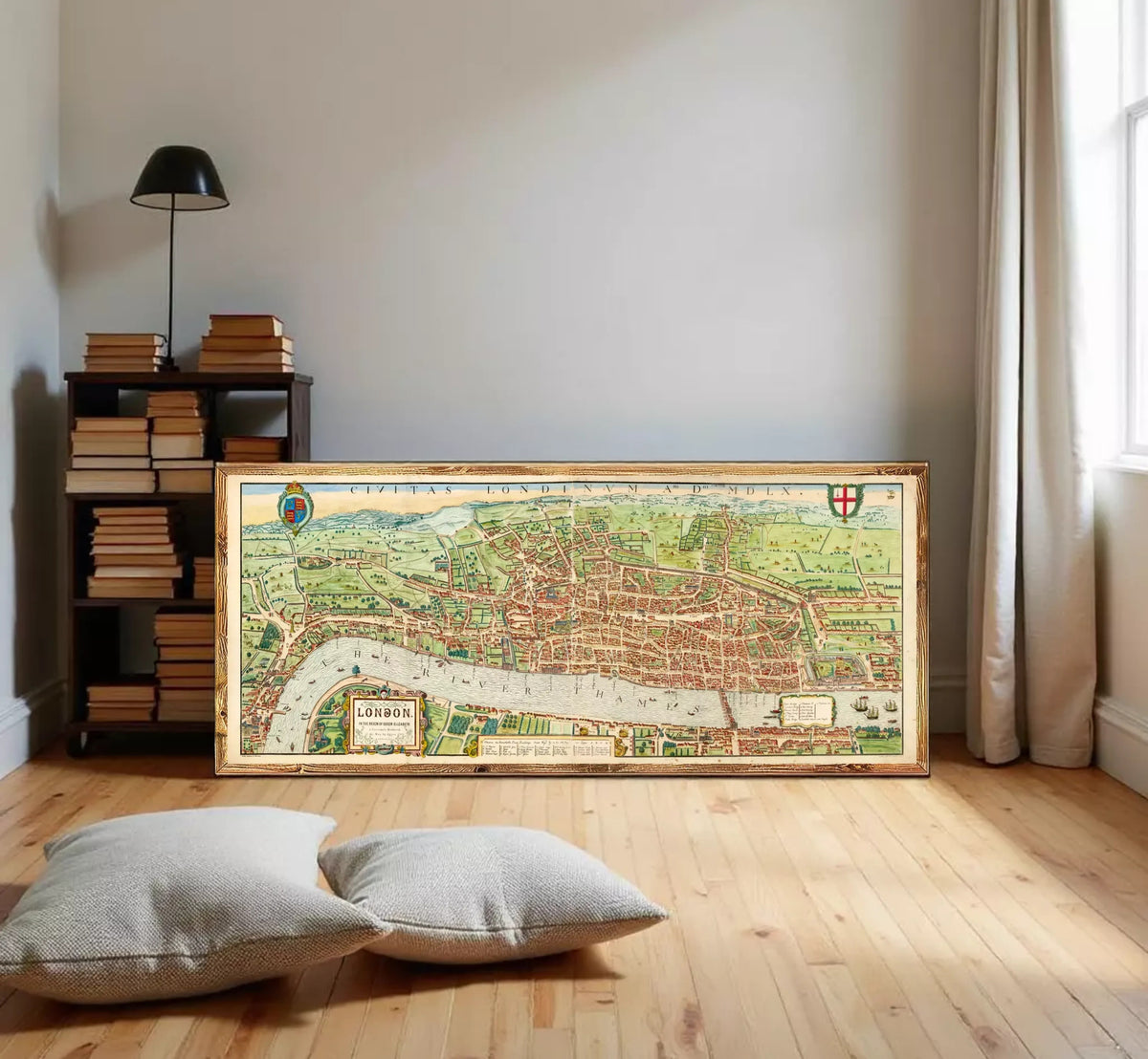 A framed map of London, featuring a detailed illustration of the city's streets, landmarks, and surrounding areas.