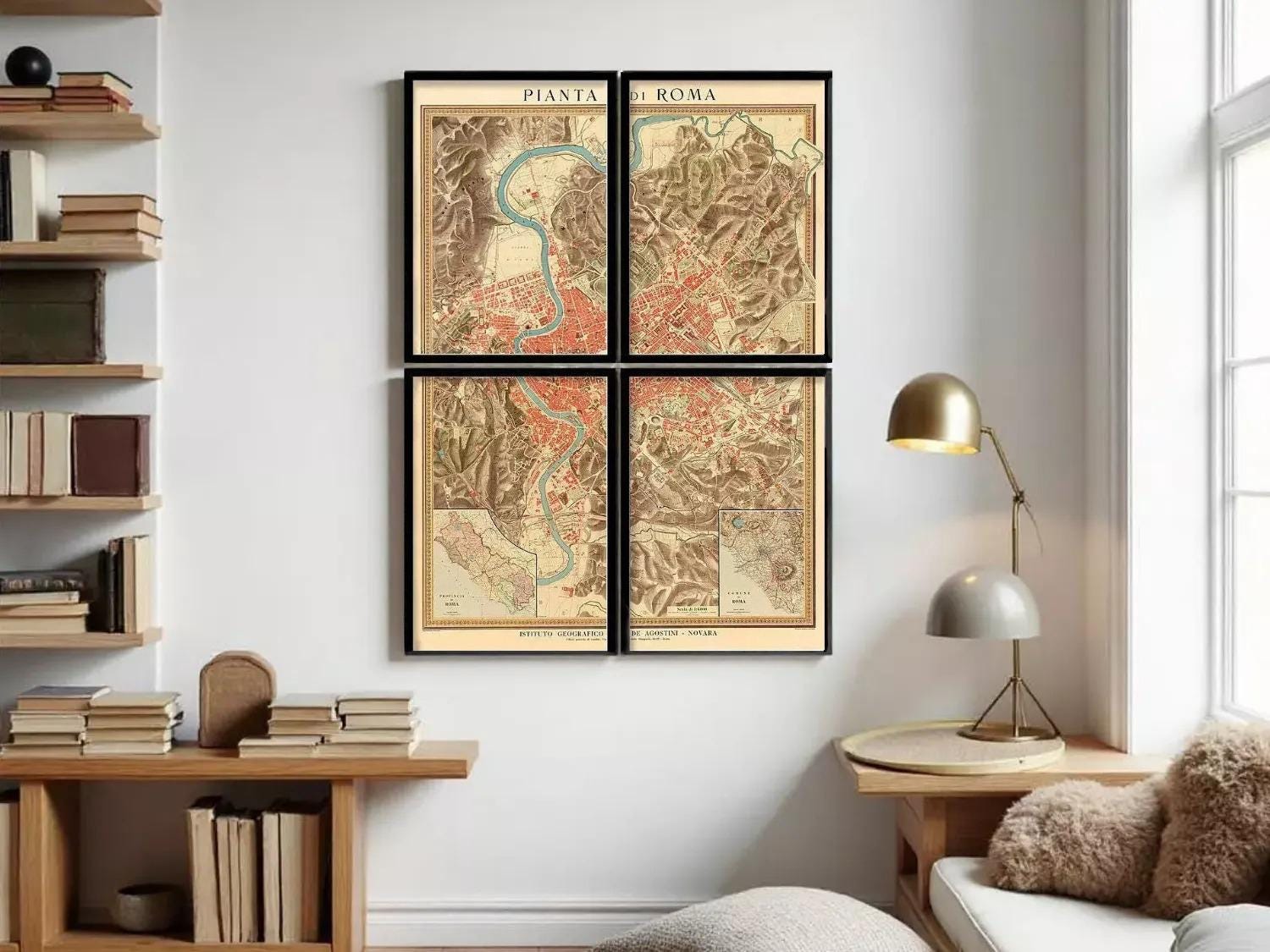 a living room with a large framed map of Rome hanging on the wall. The room is decorated with a bookshelf, a lamp, and a couch.