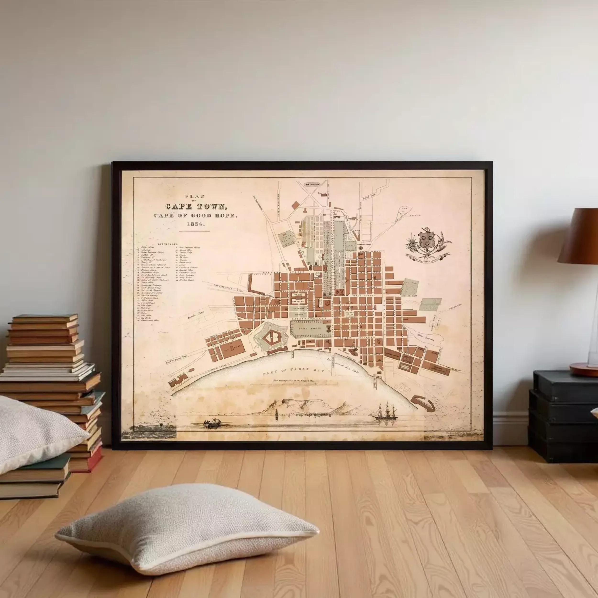 The image is a framed map of Cape Town, South Africa, depicting the city's layout and surrounding areas.