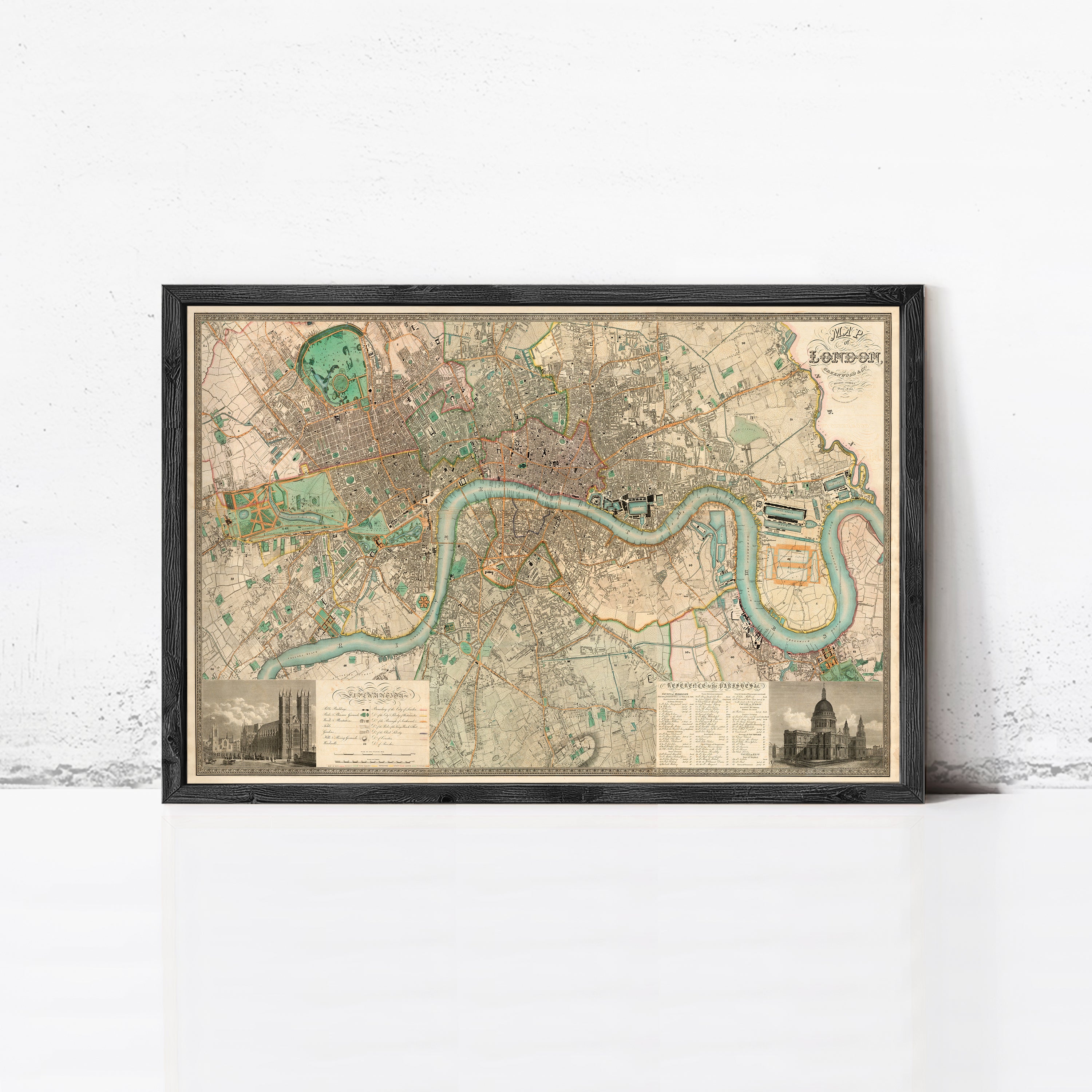 The image is a framed vintage map of London, England, depicting the city's streets, landmarks, and waterways.