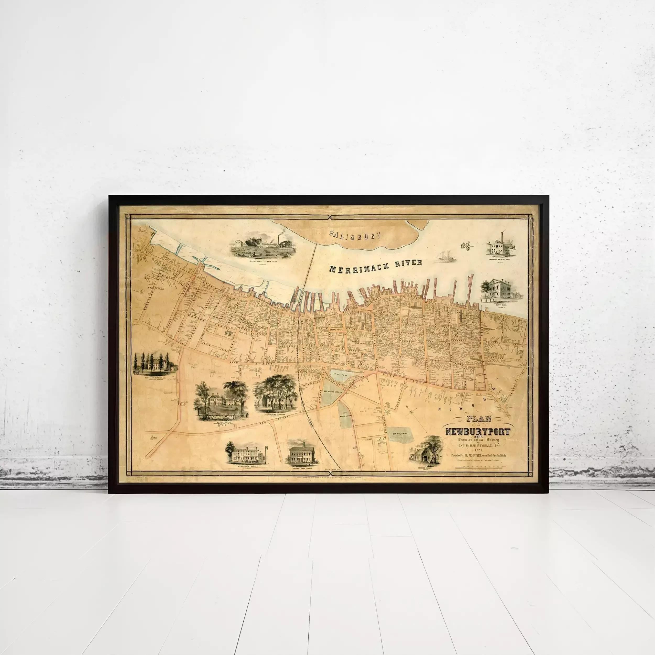 The image is a framed vintage map of New York City, depicting various landmarks and streets in a detailed and intricate manner.